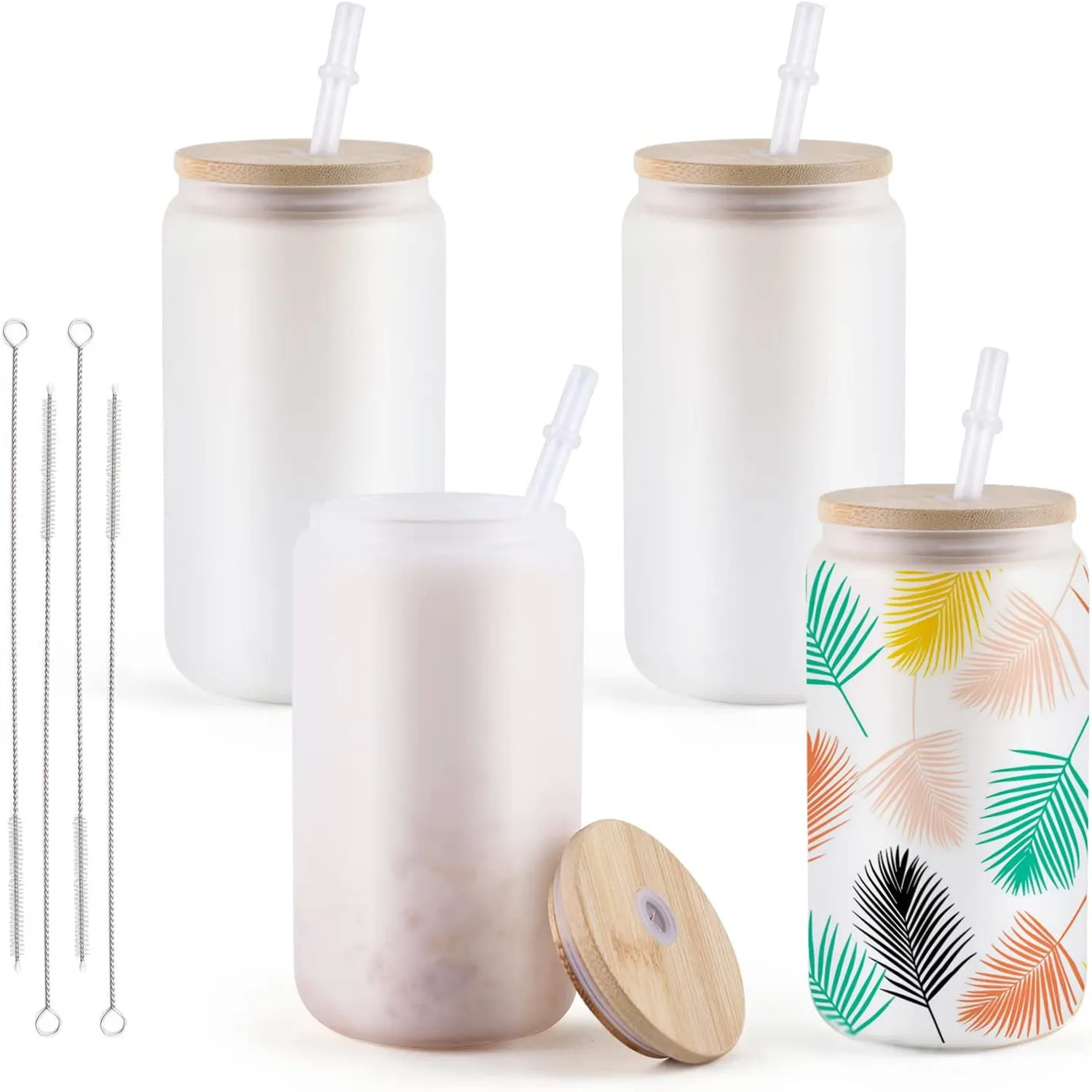 HTVRONT 4/8 Pack 16OZ Clear/Frosted Glass Sublimation Tumblers with Bamboo Lid Sublimate Tumbler Blanks DIY for Iced Coffee Cups