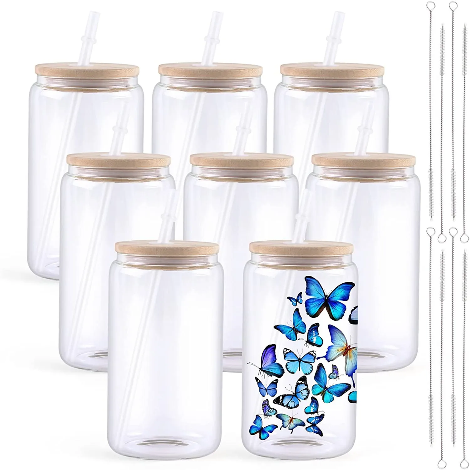 HTVRONT 4/8 Pack 16OZ Clear/Frosted Glass Sublimation Tumblers with Bamboo Lid Sublimate Tumbler Blanks DIY for Iced Coffee Cups