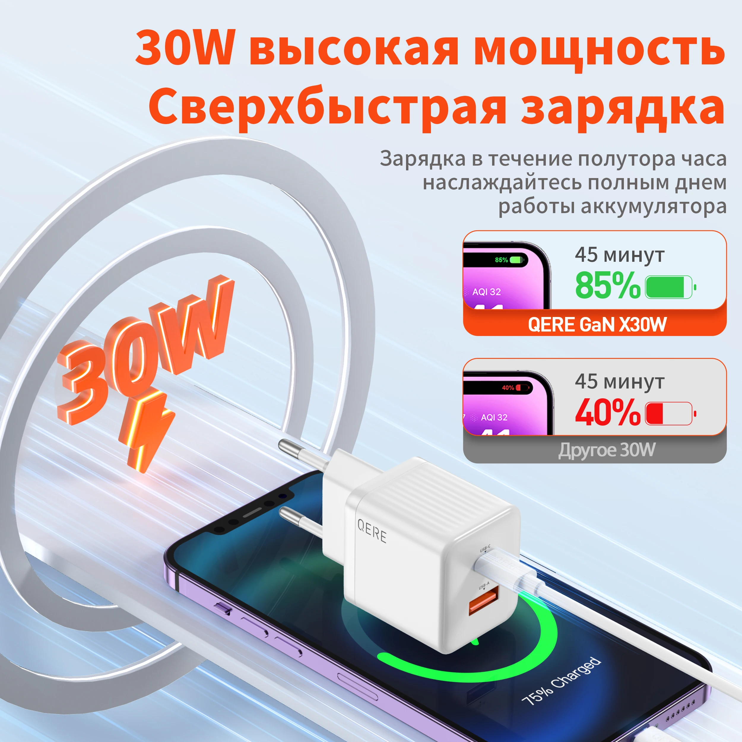 QERE Fast Charger PD 30W GaN Phone Universal Adapters EU Plug Safe Type C USB Intelligent Lightning Fast Charging Mini Portable