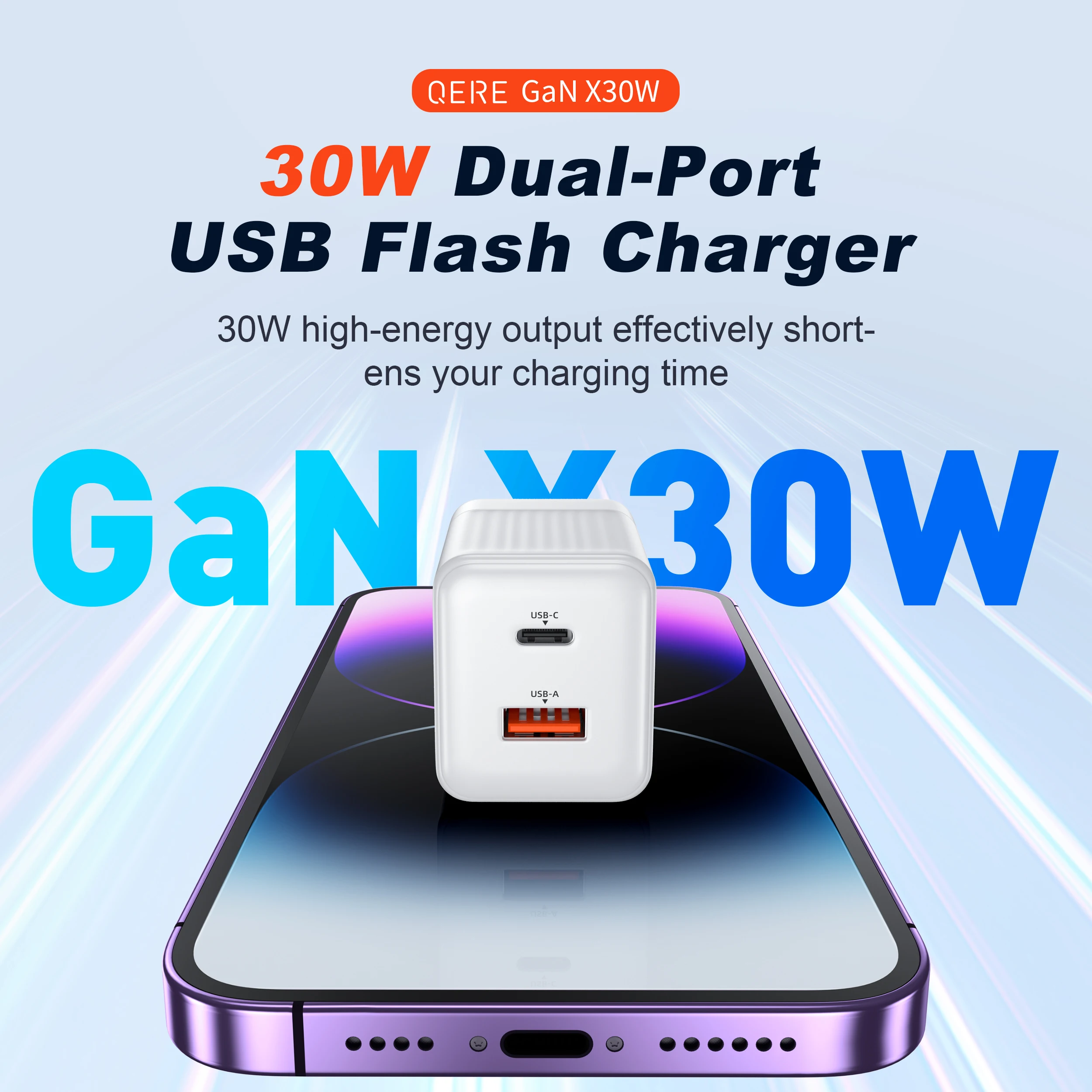 QERE Fast Charger PD 30W GaN Phone Universal Adapters EU Plug Safe Type C USB Intelligent Lightning Fast Charging Mini Portable