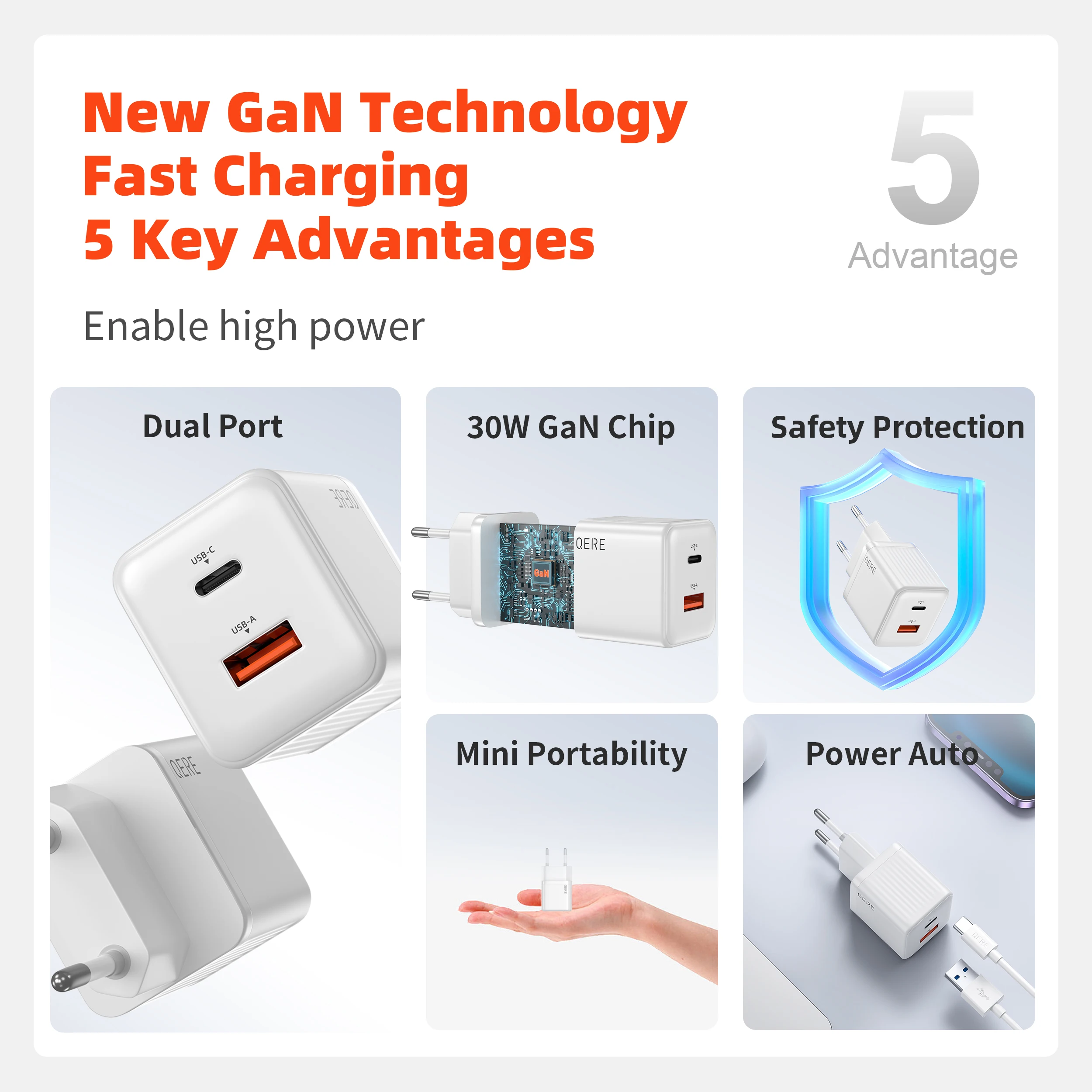QERE Fast Charger PD 30W GaN Phone Universal Adapters EU Plug Safe Type C USB Intelligent Lightning Fast Charging Mini Portable
