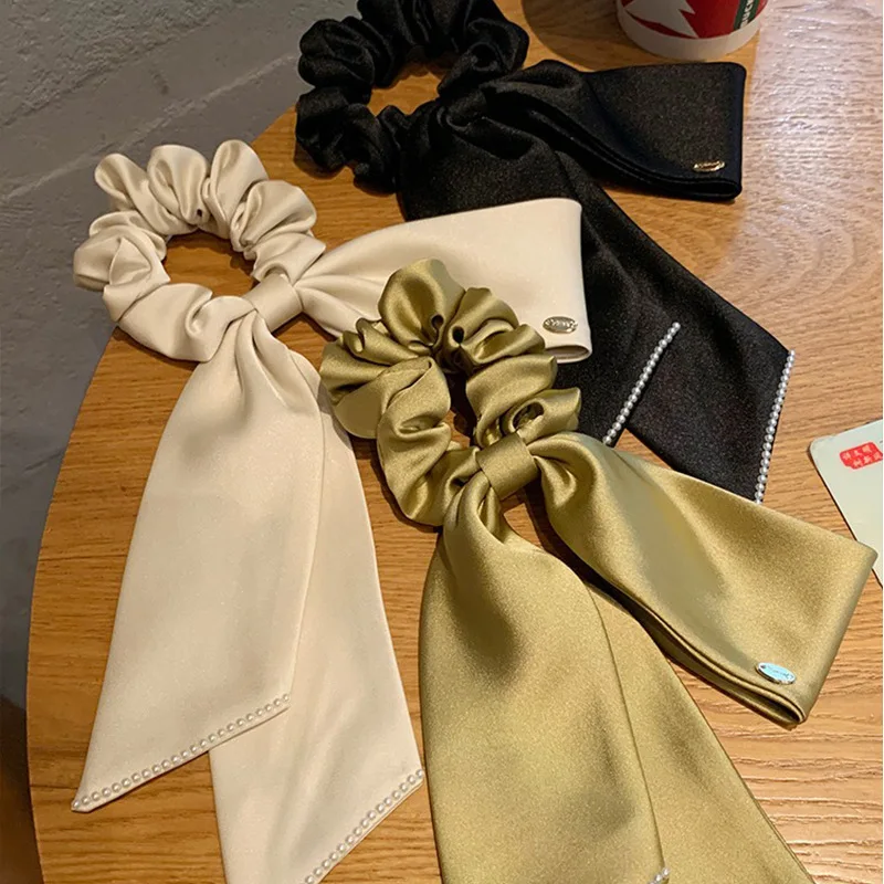 Korean Woman Large Elegant Silk Elastics Hair Band Black Satin Bow Scrunchies Hair Ties Ladies Ponytail Hold Hair Accessories