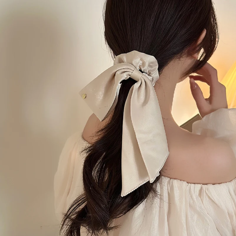 Korean Woman Large Elegant Silk Elastics Hair Band Black Satin Bow Scrunchies Hair Ties Ladies Ponytail Hold Hair Accessories