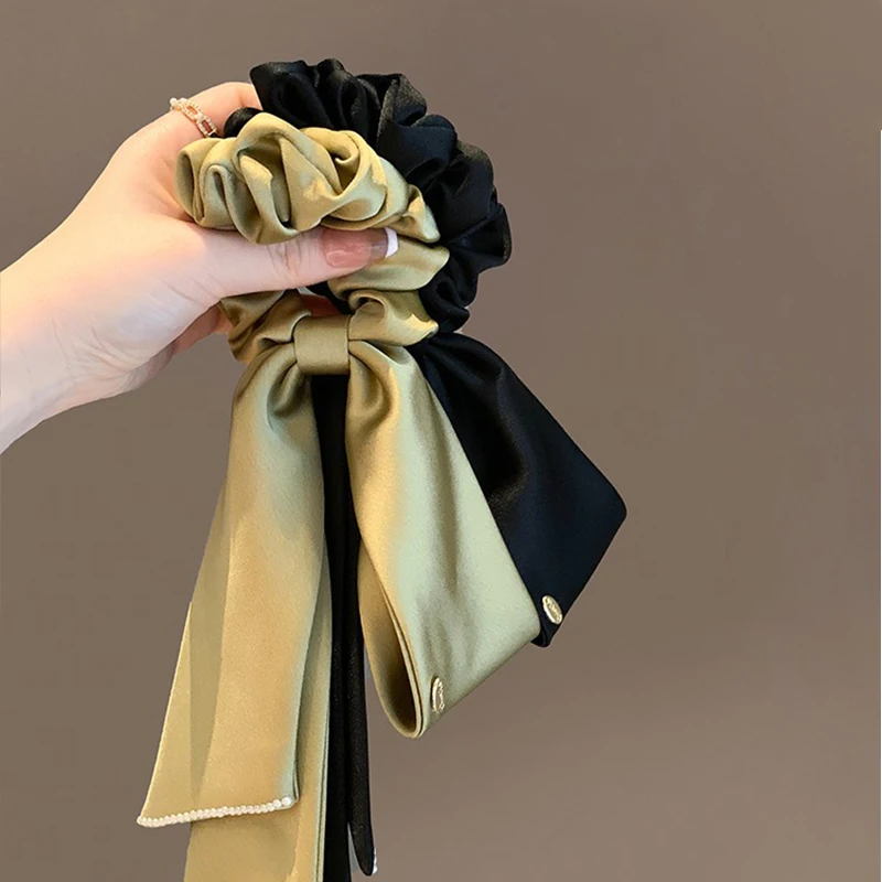 Korean Woman Large Elegant Silk Elastics Hair Band Black Satin Bow Scrunchies Hair Ties Ladies Ponytail Hold Hair Accessories