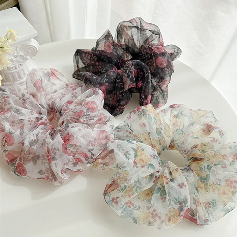 2021 New Fashion Oversized Organza Flower Large Hair Scrunchies Elastic Hair Ropes For Woman Girls Temperament Hair Accessories