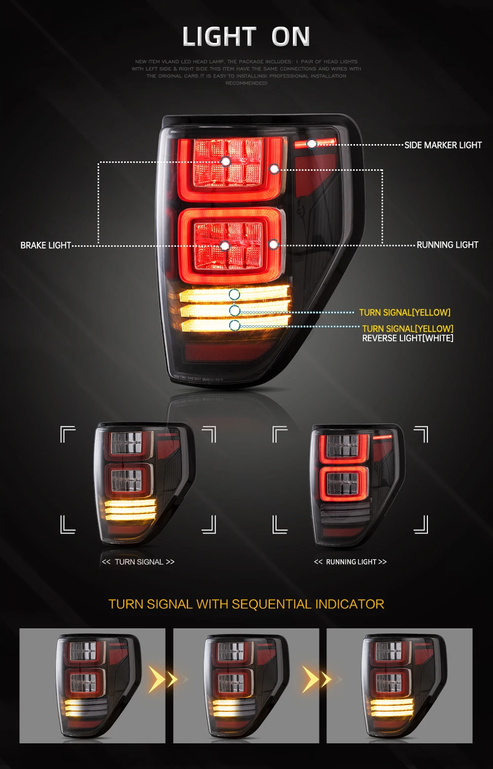 VLAND For 2009-2014 Ford F150 F-150 SVT Raptor Pickup Rear Tail Light Brake Lamps Elegant Black Frame Smoked Car Accessories