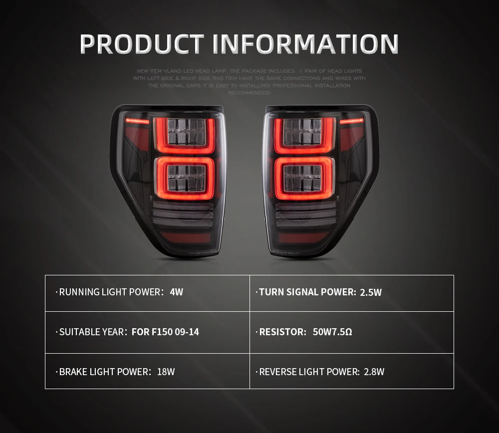 VLAND For 2009-2014 Ford F150 F-150 SVT Raptor Pickup Rear Tail Light Brake Lamps Elegant Black Frame Smoked Car Accessories