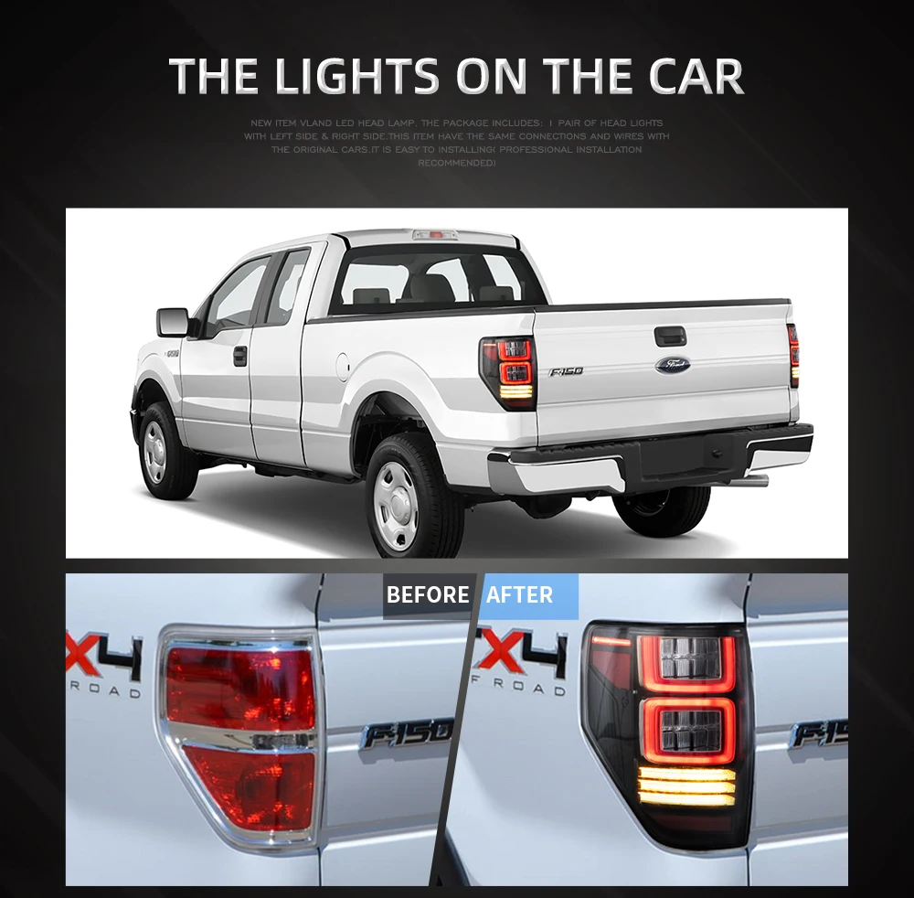 VLAND For 2009-2014 Ford F150 F-150 SVT Raptor Pickup Rear Tail Light Brake Lamps Elegant Black Frame Smoked Car Accessories