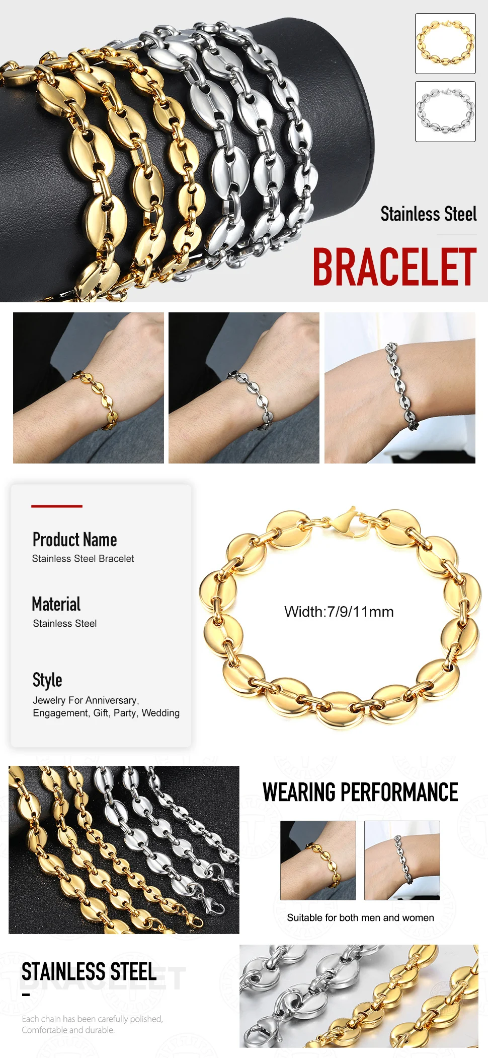 7/9/11mm Stainless Steel Coffee Beans Marina Link Chain Bracelets For Men Women Bracelet Jewelry Gifts