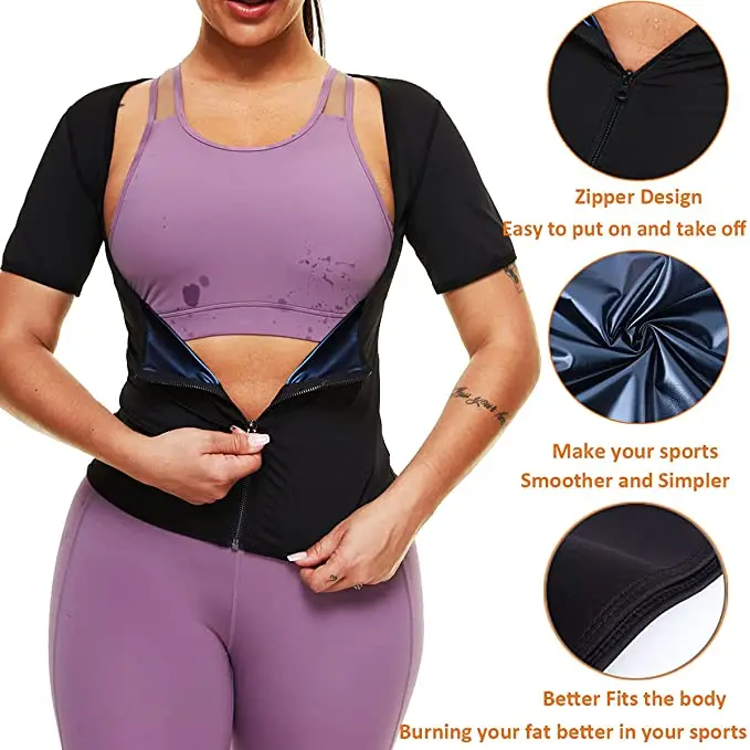 Sauna Shirt for Women Sauna Short Sleeve Sweat Vest Weight Loss Sauna Suit Training Slimming Body Shaper Workout Heat Trapping