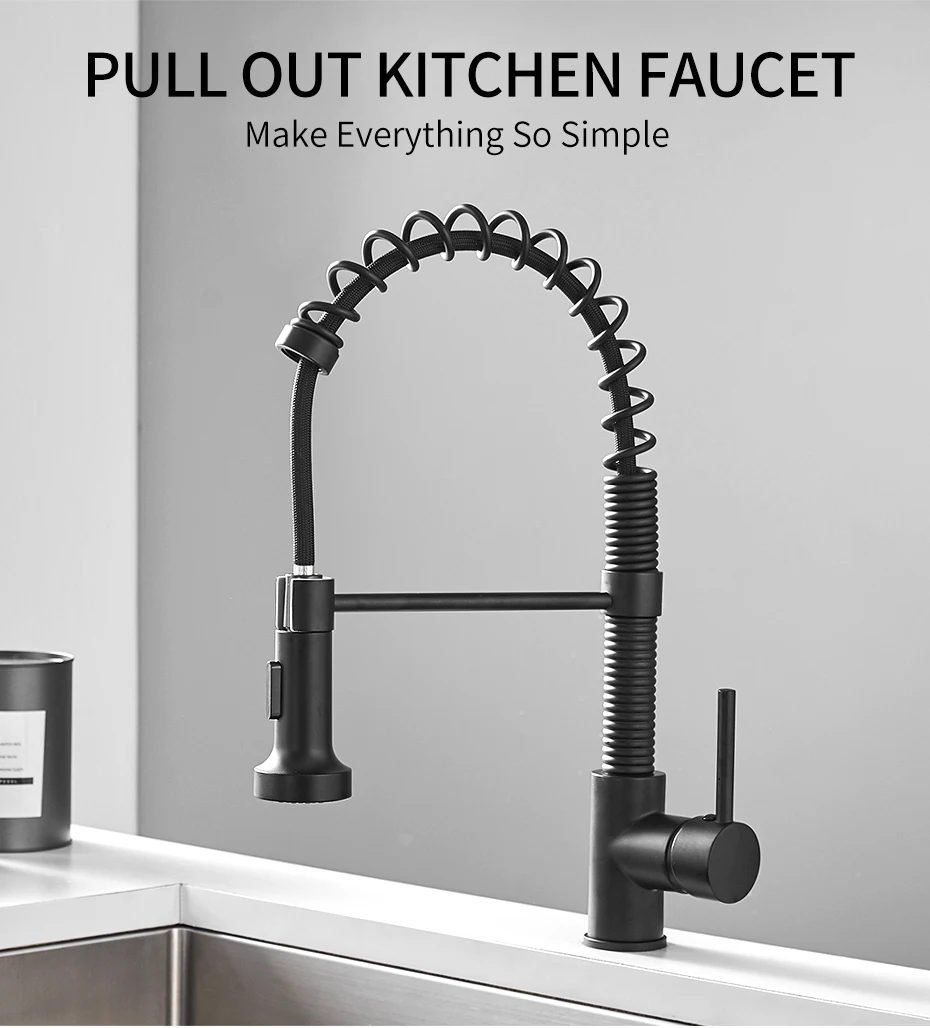 Kitchen Faucets Black Stainless Steel Faucets for Kitchen Sink Pull Out Spring Spout Mixers Tap Hot Cold Water Crane 866053R