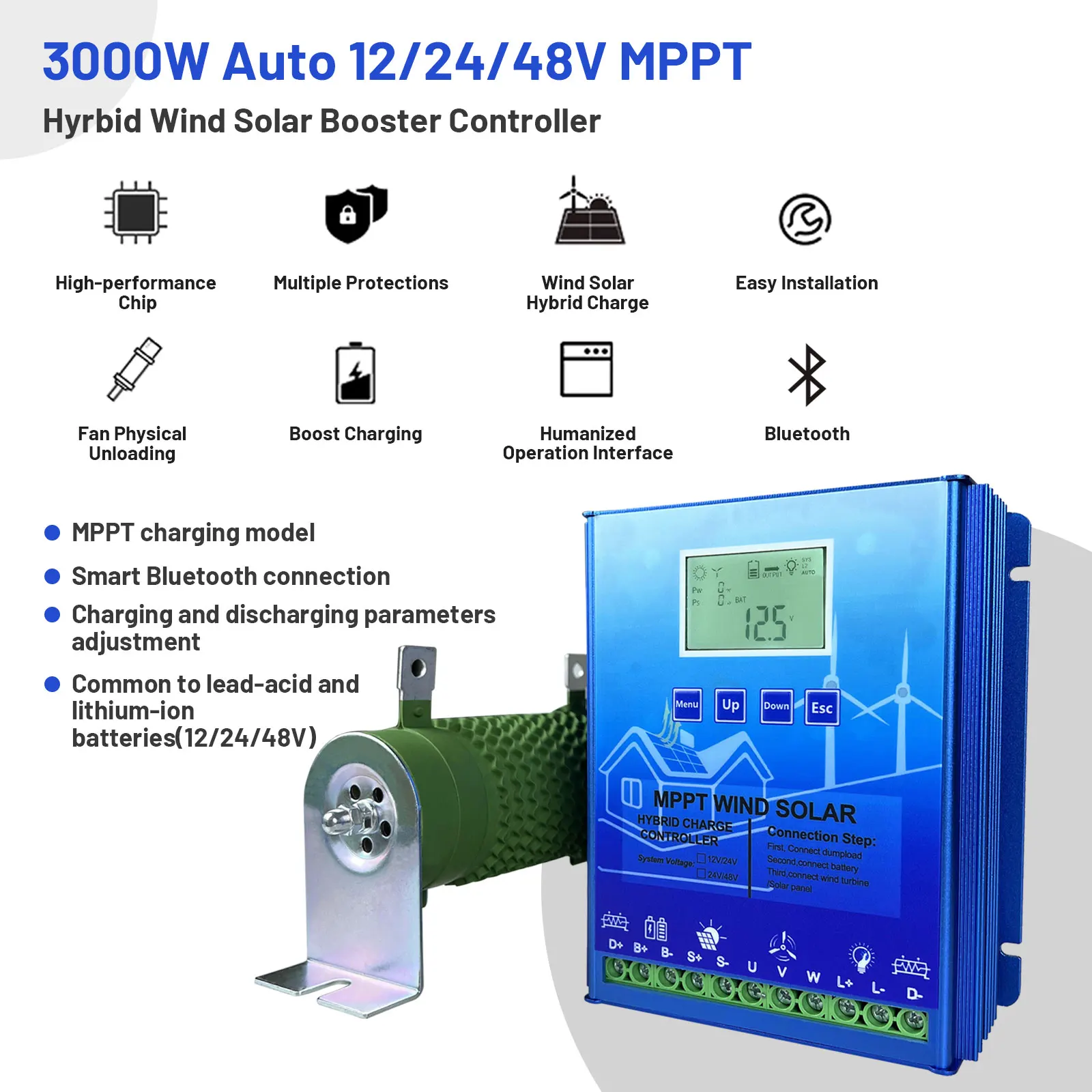 MPPT 2000W 3000W Hybrid Wind Solar Charge Controller Wind Turbine Solar panel Regulator WIFI For 12V 24V 48V Wind Solar system