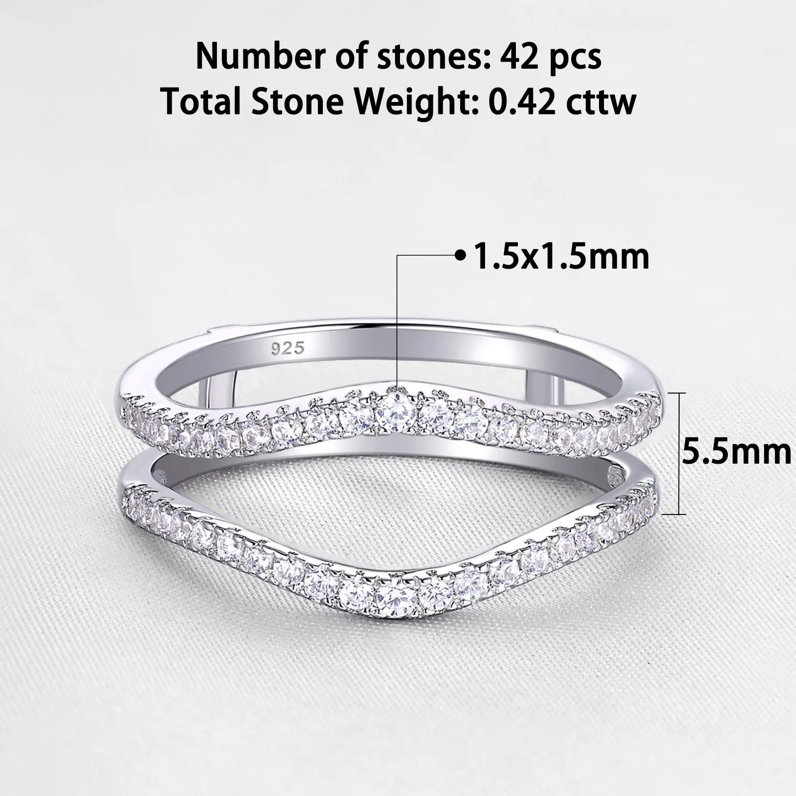 Newshe 925 Sterling Silver Cubic Zircon Curved Wedding Bands for Women Engagement Ring Enhancer Guard Size 4-13