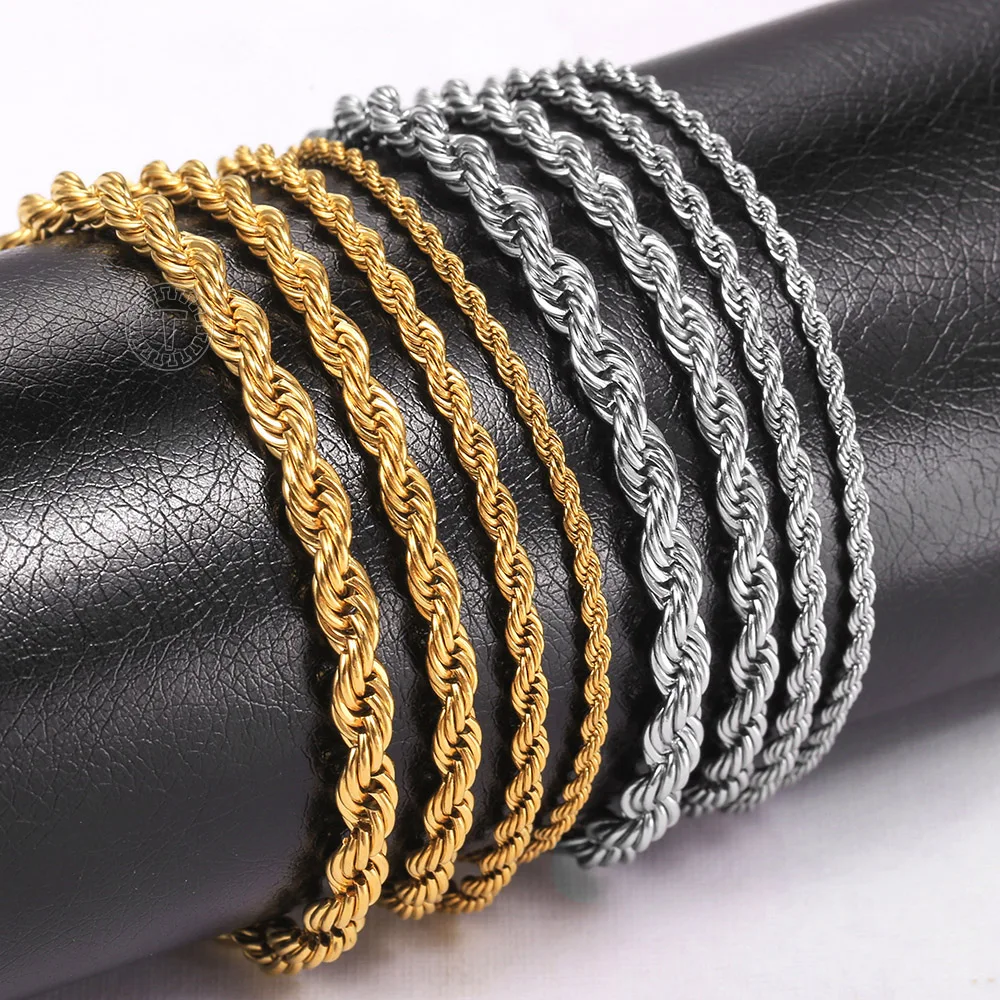 2/3/4/5mm Stainless Steel Twisted Rope Chain Bracelets for Women Men Fashion Punk Bangle Length Adjustable 18cm+5cm