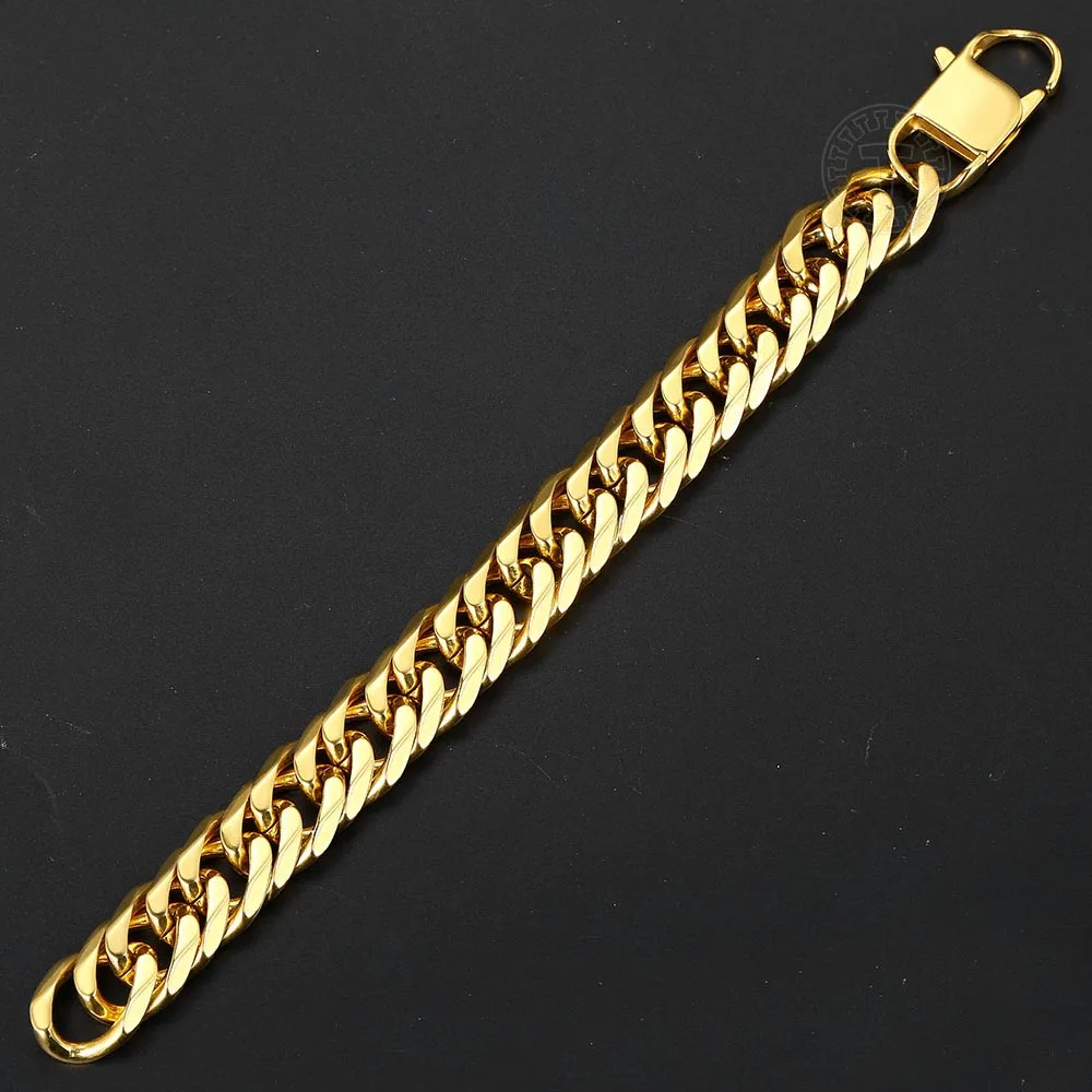 10mm 15mm Gold Color Black 316L Stainless Steel Bracelet for Men Double Curb Cuban Link Rombo Heavy Hiphop Male Jewelry HB513