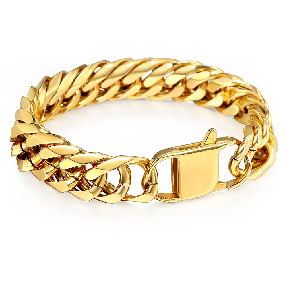 10mm 15mm Gold Color Black 316L Stainless Steel Bracelet for Men Double Curb Cuban Link Rombo Heavy Hiphop Male Jewelry HB513