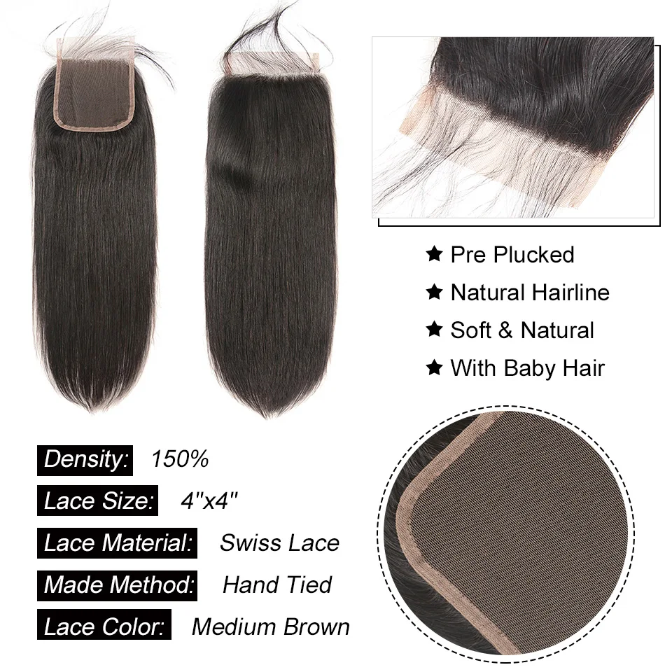 Straight 4x4 Lace Closure Human Hair Pre-Plucked With Baby Hair Peruvian Straight Human Hair Lace Closure Natural Black AliPearl