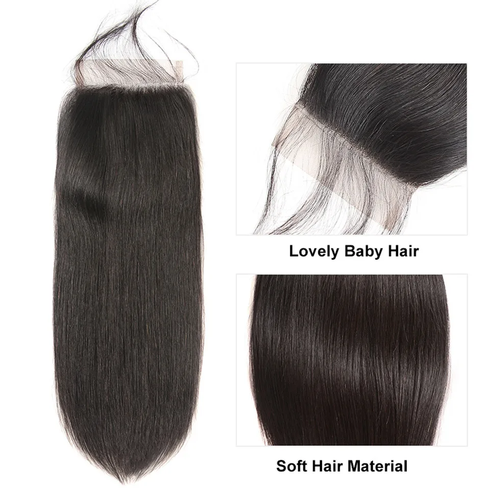 Straight 4x4 Lace Closure Human Hair Pre-Plucked With Baby Hair Peruvian Straight Human Hair Lace Closure Natural Black AliPearl
