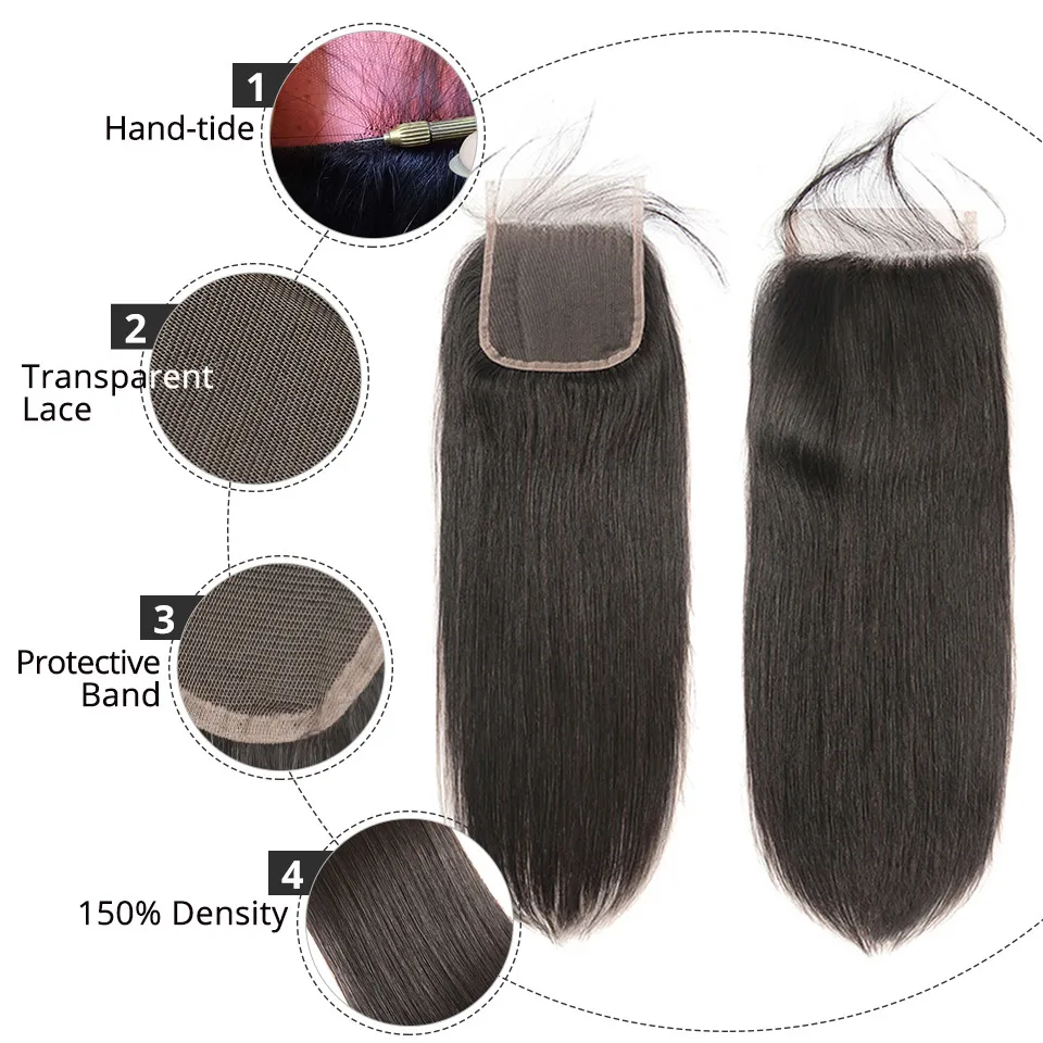 Straight 4x4 Lace Closure Human Hair Pre-Plucked With Baby Hair Peruvian Straight Human Hair Lace Closure Natural Black AliPearl