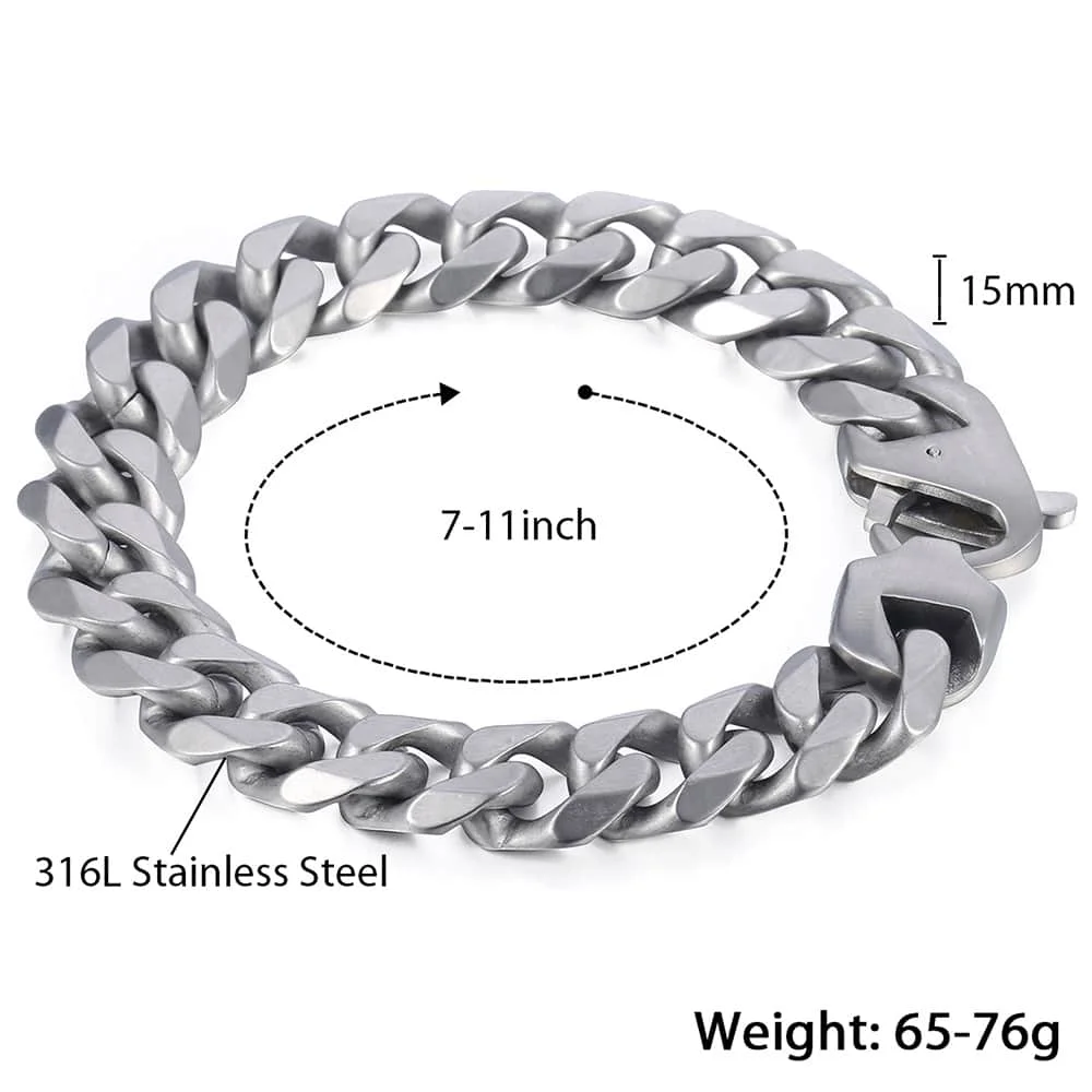Fashion 15mm 316L Stainless Steel Bracelet For Men Boys Matte Brushed Silver Color Cut Curb Cuban Link Chain Dropshipping HB468
