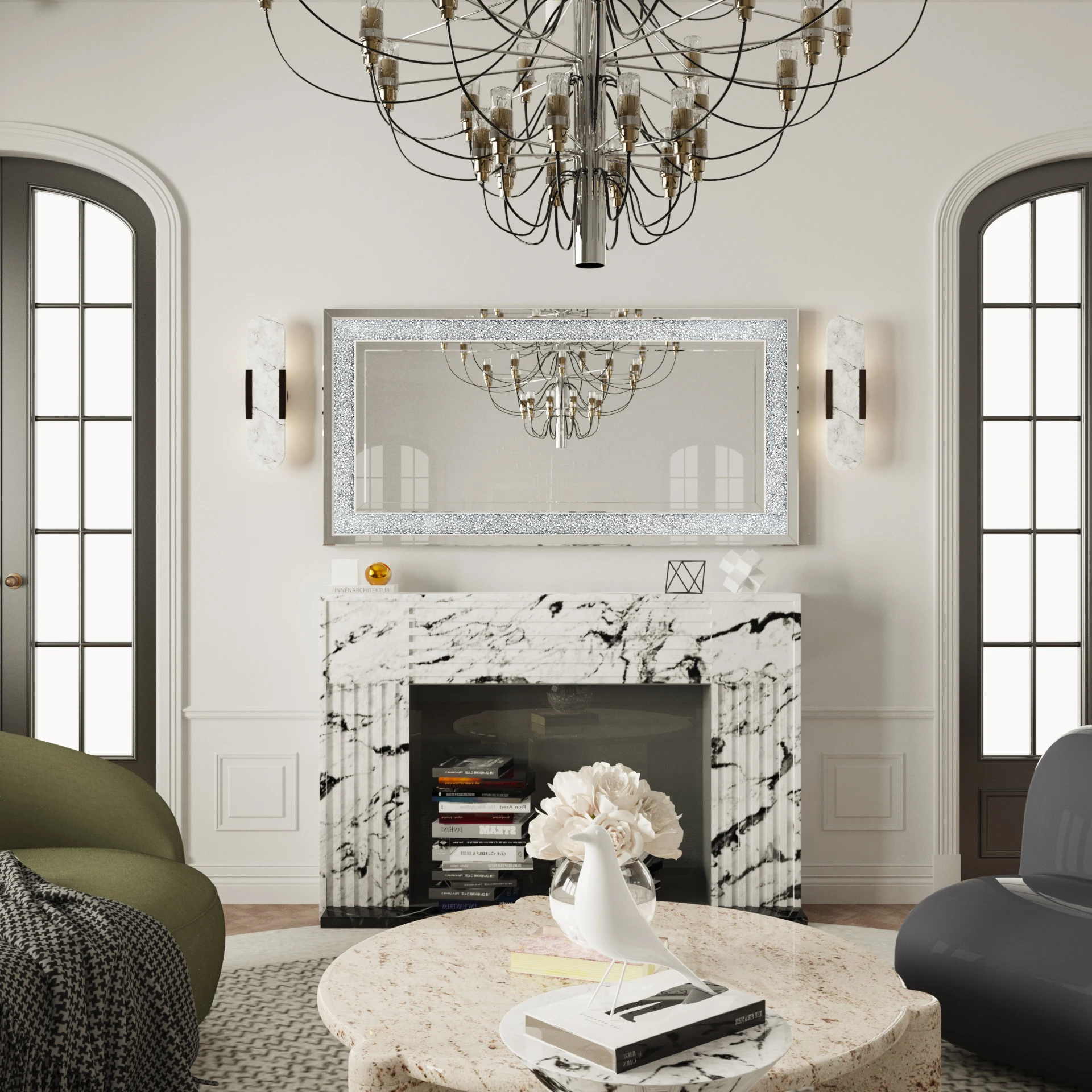 48' X 24' Crush Diamond Wall Mirror Large Decorative Glam Silver Vanity with Beveled Glass Sparkly Crystal Frame Edge