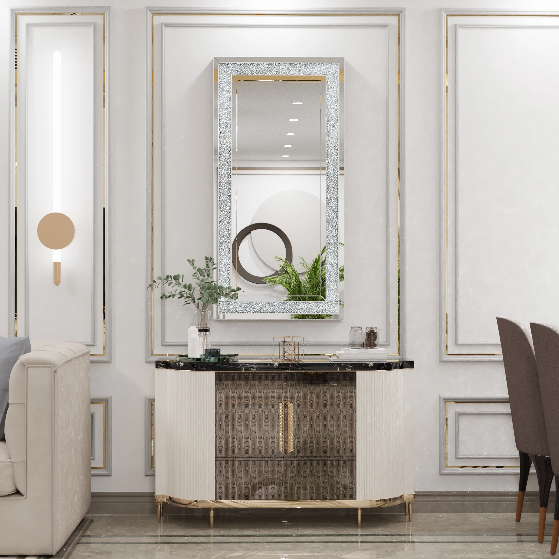 48' X 24' Crush Diamond Wall Mirror Large Decorative Glam Silver Vanity with Beveled Glass Sparkly Crystal Frame Edge