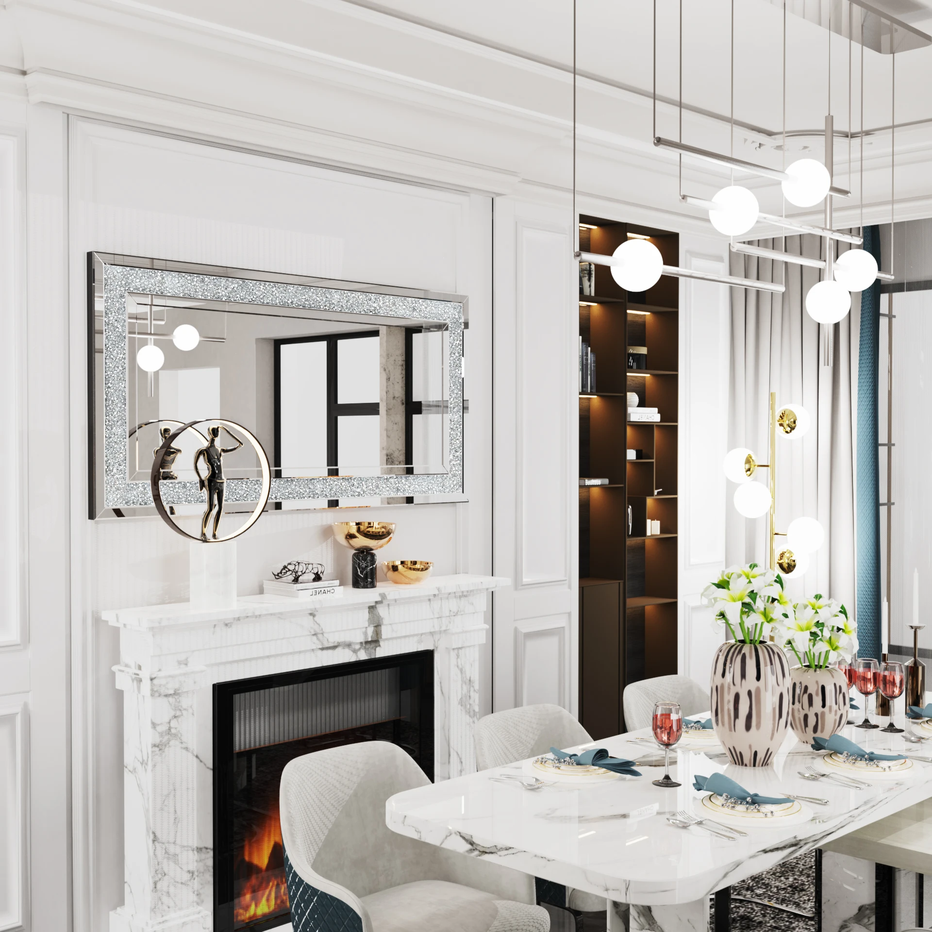 48' X 24' Crush Diamond Wall Mirror Large Decorative Glam Silver Vanity with Beveled Glass Sparkly Crystal Frame Edge