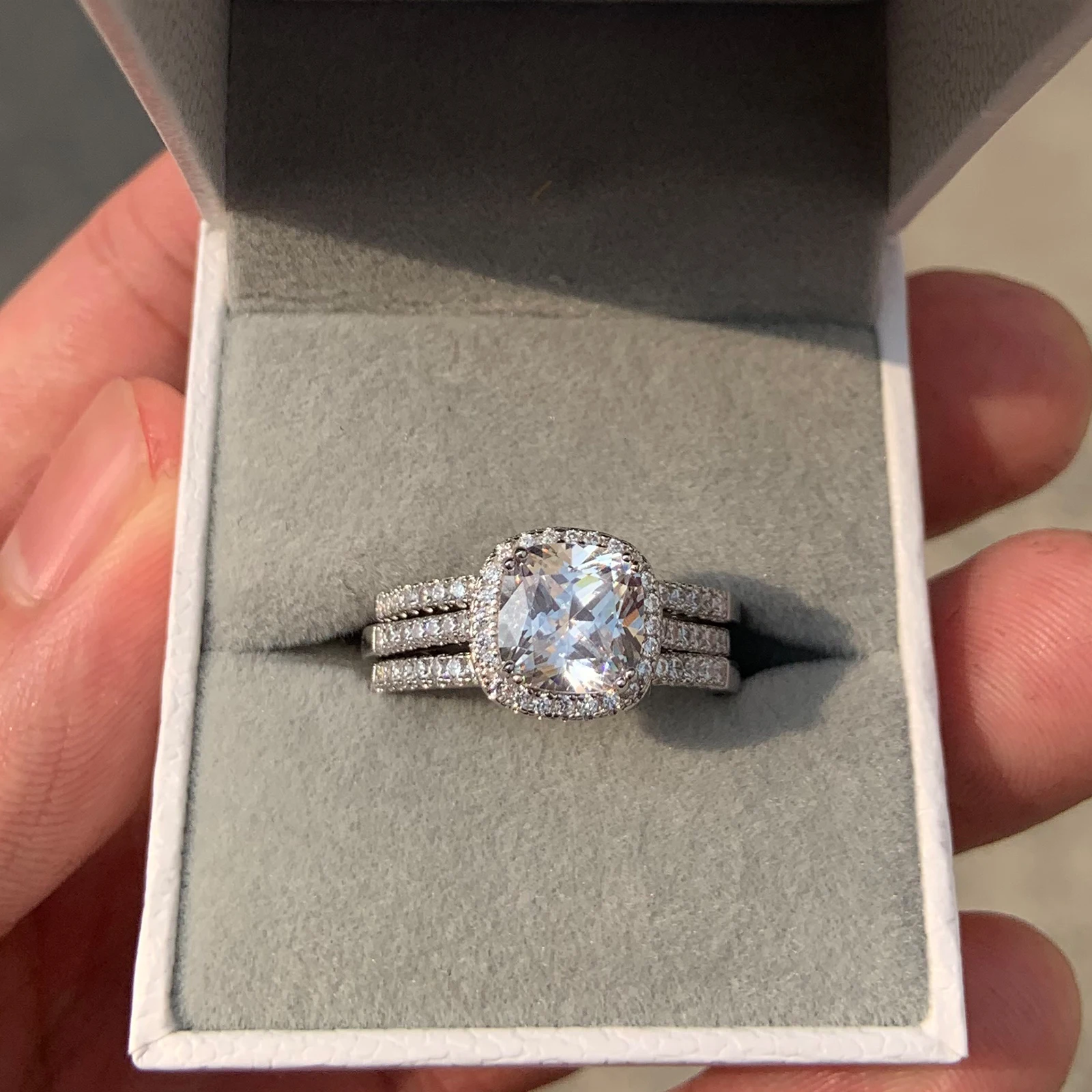 Newshe Solid 925 Sterling Silver Engagement Ring Set for Women Guard Wedding Band Halo Cushion Cut AAAAA CZ Minimalist Jewelry