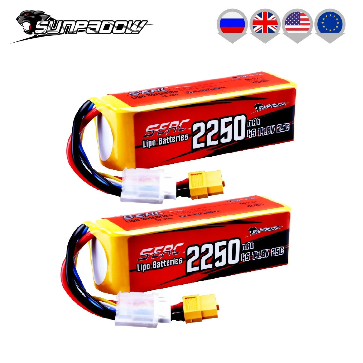 Sunpadow 4S Lipo Battery 2250mAh 14.8V 25C with XT60 Plug for RC Car Boat Model Racing Hobby 2pcs