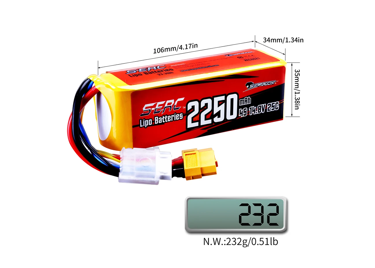 Sunpadow 4S Lipo Battery 2250mAh 14.8V 25C with XT60 Plug for RC Car Boat Model Racing Hobby 2pcs