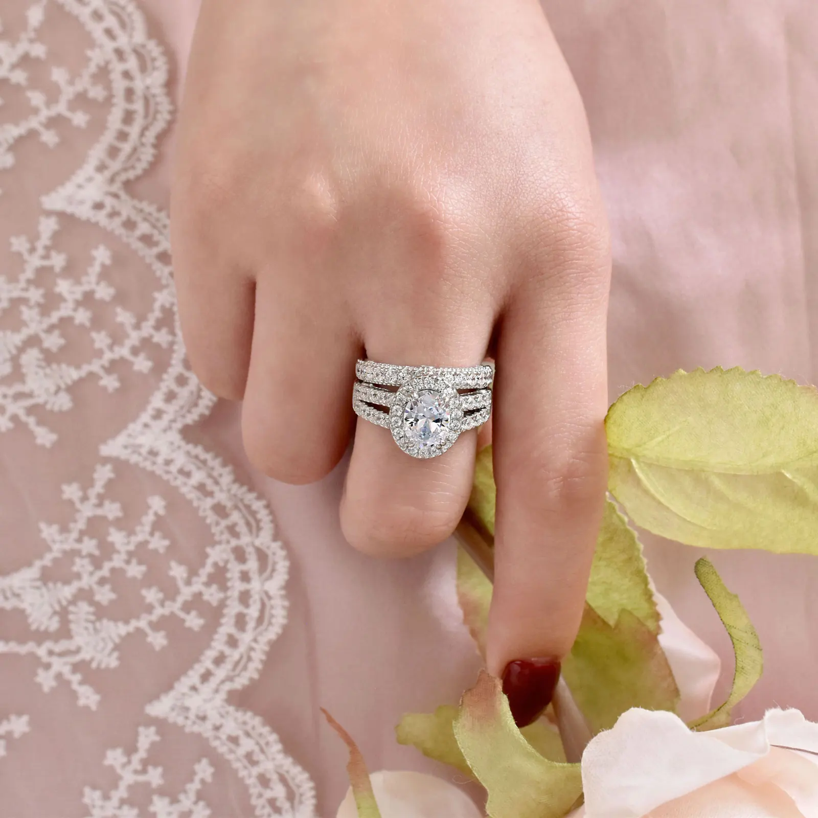 Newshe Vintage 4 Carats Oval Cut 5A Cubic Zircon Wedding Engagement Rings Set for Women Solid 925 Sterling Silver Bridal Jewelry