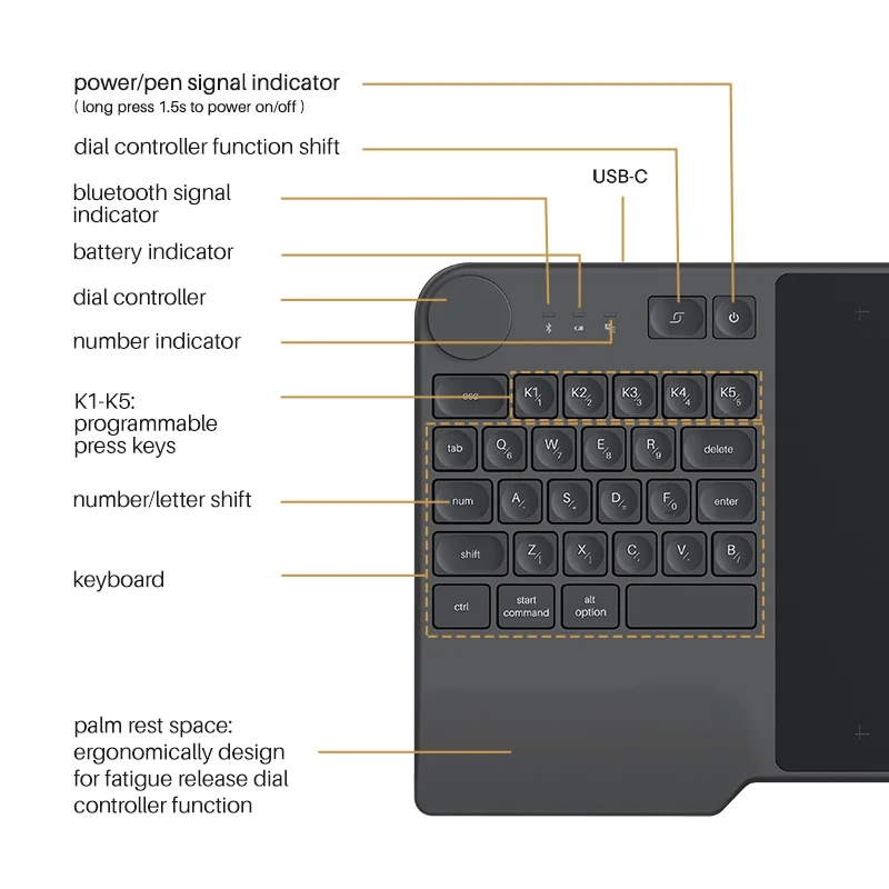 HUION Inspiroy Keydial KD200 Tablet Battery-Free Pen Wireless Graphics Digital Drawing Board with Keyboard Mesa Digitalizadora