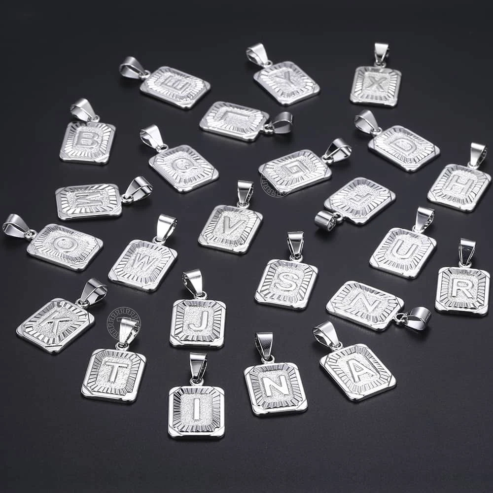 A-Z Letters Silver Color Charm Pendant Necklaces Square Capital Stainless Steel Letter Necklace Unisex Alphabet Jewely GPM11