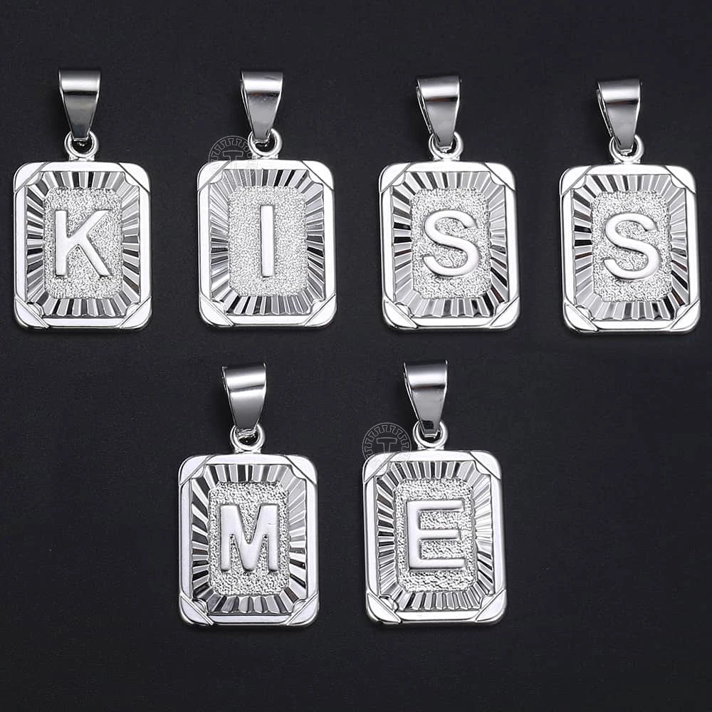 A-Z Letters Silver Color Charm Pendant Necklaces Square Capital Stainless Steel Letter Necklace Unisex Alphabet Jewely GPM11