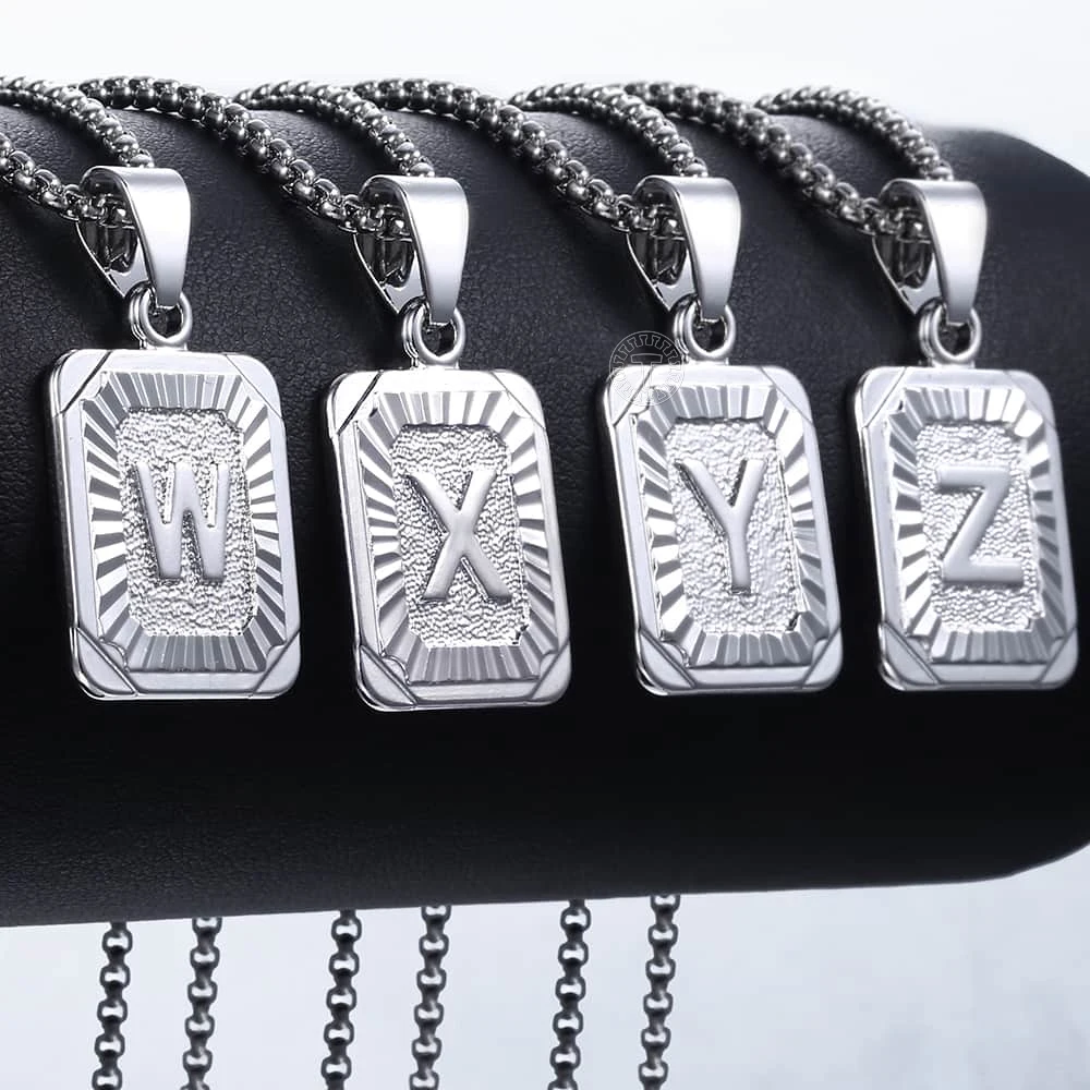 A-Z Letters Silver Color Charm Pendant Necklaces Square Capital Stainless Steel Letter Necklace Unisex Alphabet Jewely GPM11