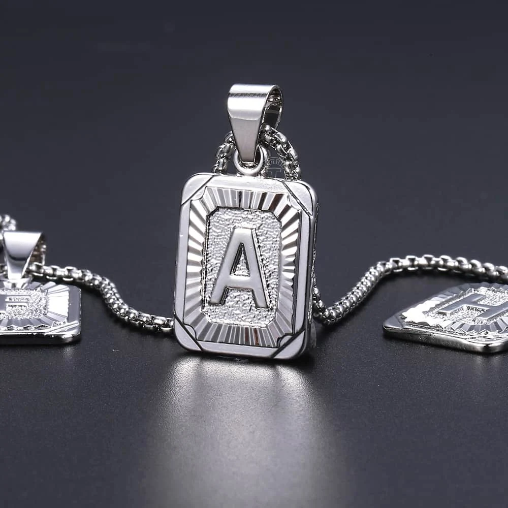 A-Z Letters Silver Color Charm Pendant Necklaces Square Capital Stainless Steel Letter Necklace Unisex Alphabet Jewely GPM11