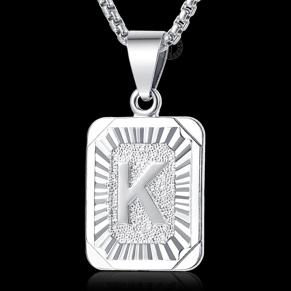A-Z Letters Silver Color Charm Pendant Necklaces Square Capital Stainless Steel Letter Necklace Unisex Alphabet Jewely GPM11