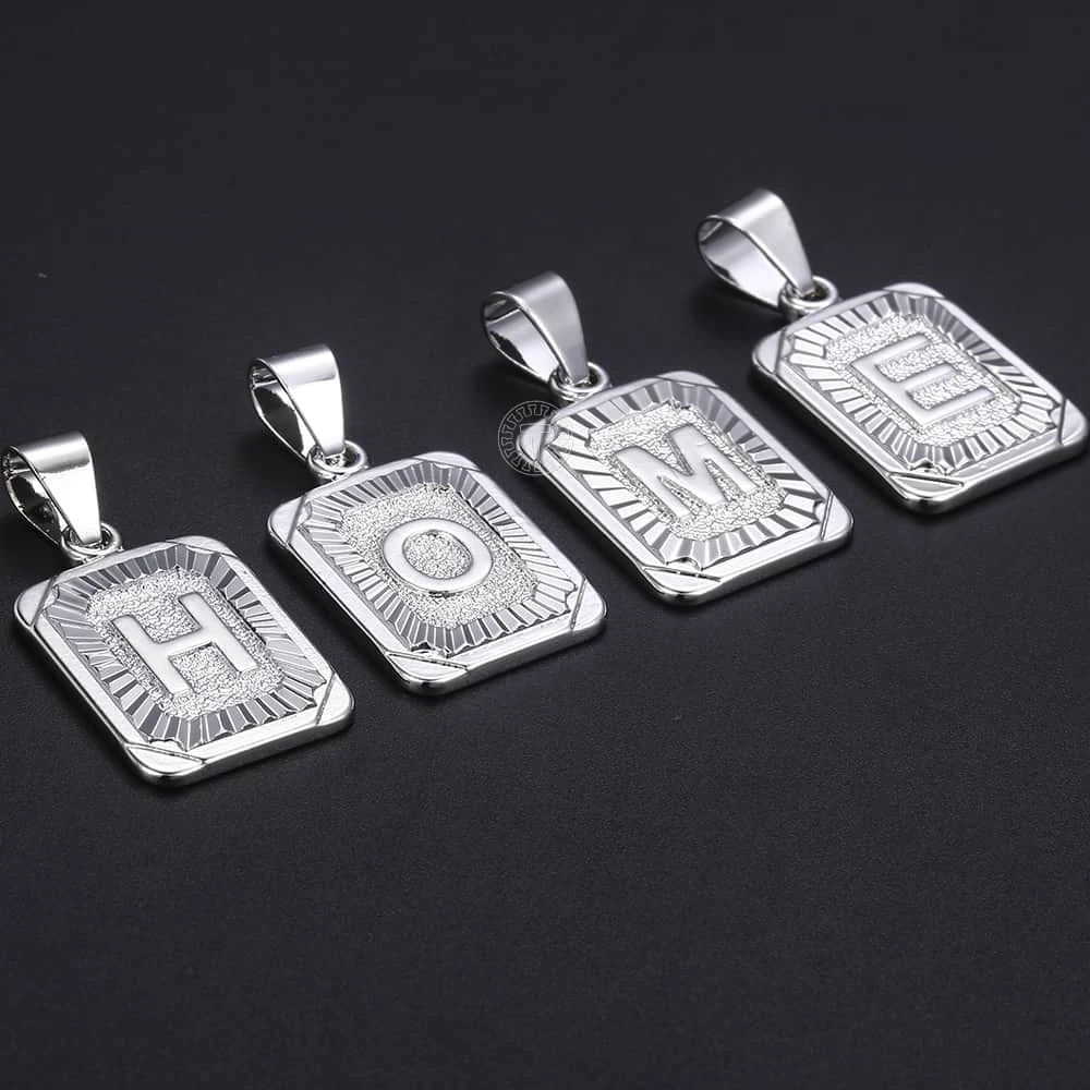 A-Z Letters Silver Color Charm Pendant Necklaces Square Capital Stainless Steel Letter Necklace Unisex Alphabet Jewely GPM11
