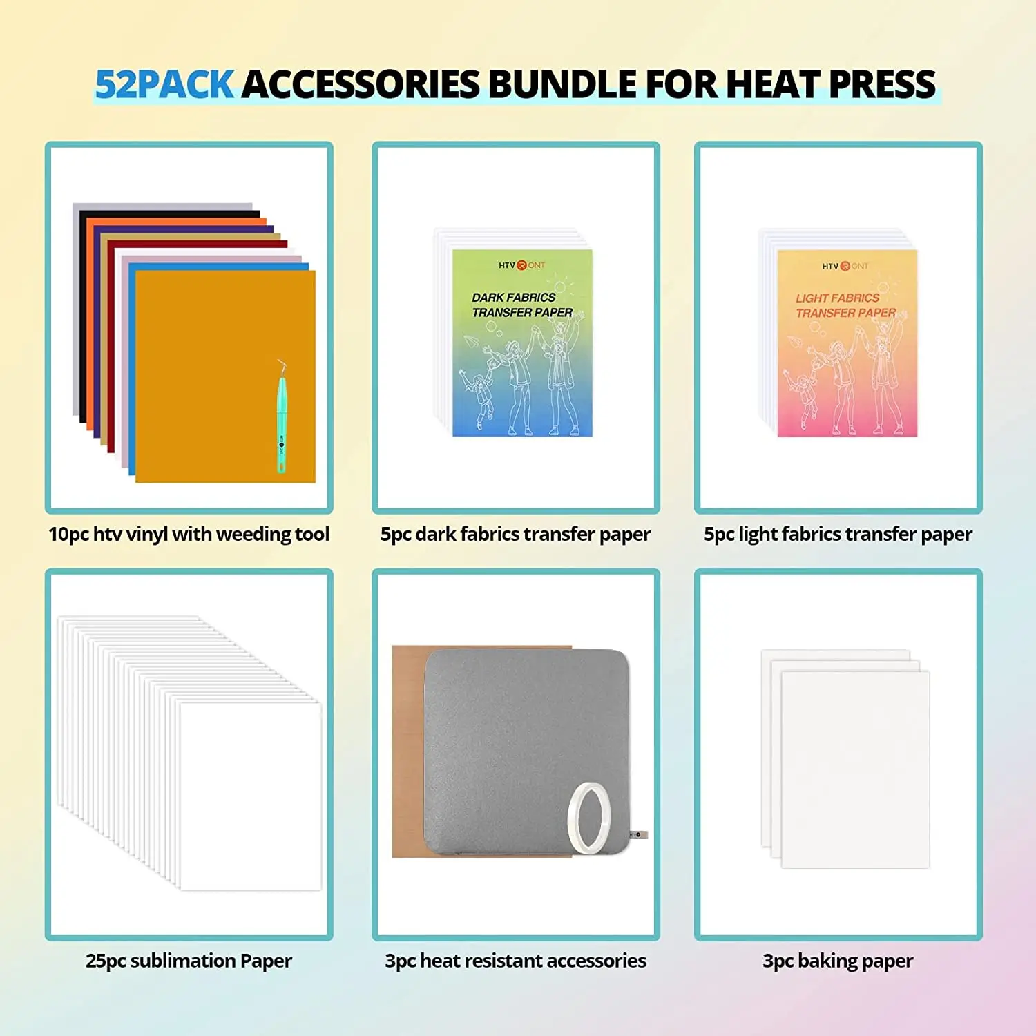 HTVRONT 52 Pcs Heat Press Supplies Accessories for Beginners Clothing T-shirt Printing DIY Include HTV Sublimation Paper