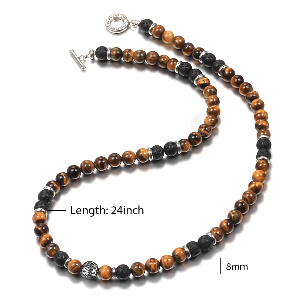 Unique Beaded Necklaces for Mens Boy Tiger Eye Stone Lave Natural Stone Neck Male Jewelry Stainless Steel Toggle Clasp