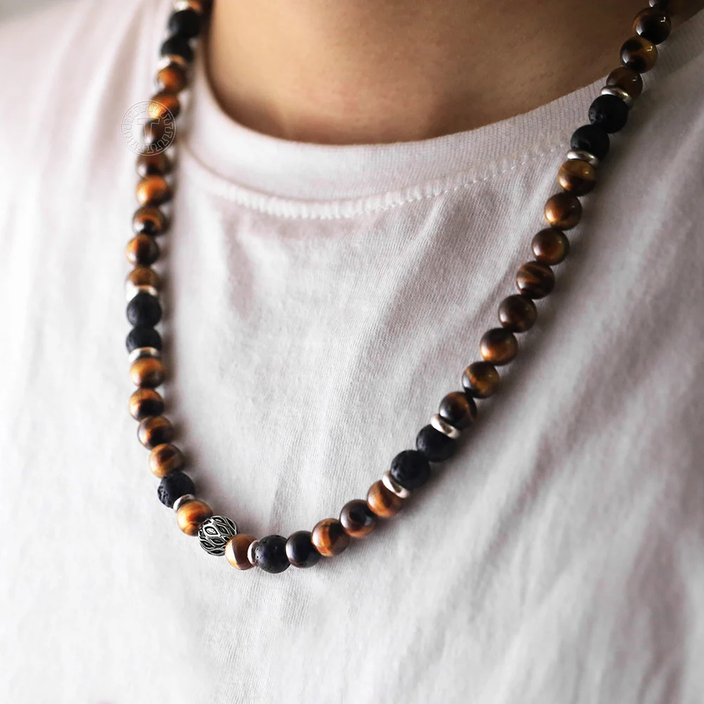 Unique Beaded Necklaces for Mens Boy Tiger Eye Stone Lave Natural Stone Neck Male Jewelry Stainless Steel Toggle Clasp