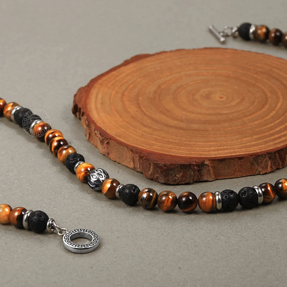 Unique Beaded Necklaces for Mens Boy Tiger Eye Stone Lave Natural Stone Neck Male Jewelry Stainless Steel Toggle Clasp