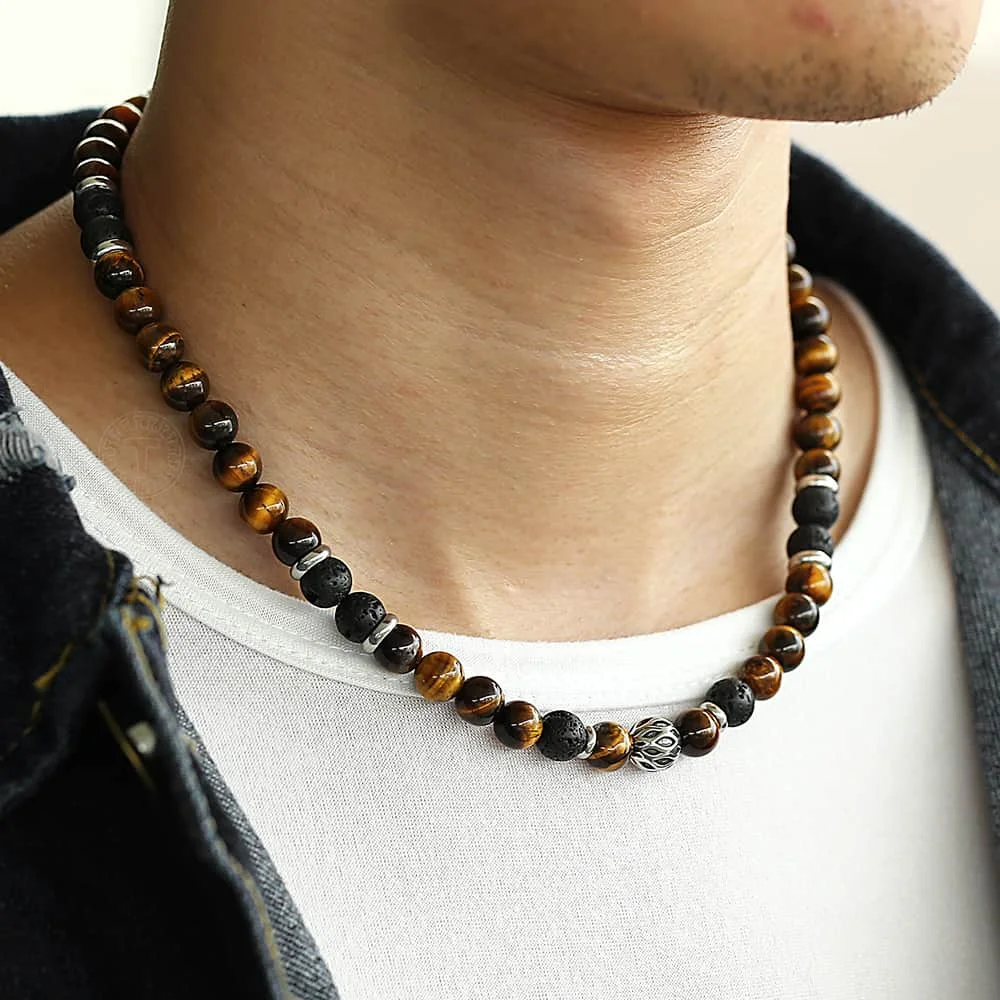 Unique Beaded Necklaces for Mens Boy Tiger Eye Stone Lave Natural Stone Neck Male Jewelry Stainless Steel Toggle Clasp