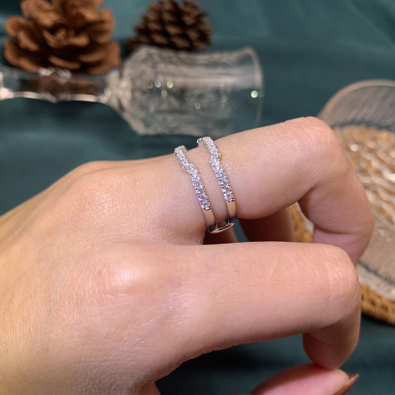 Newshe K Gold Color 925 Silver Jewelry Wedding Rings Enhancers for Women Square Hollow Guard Band AAAAA CZ Anniversary Gift