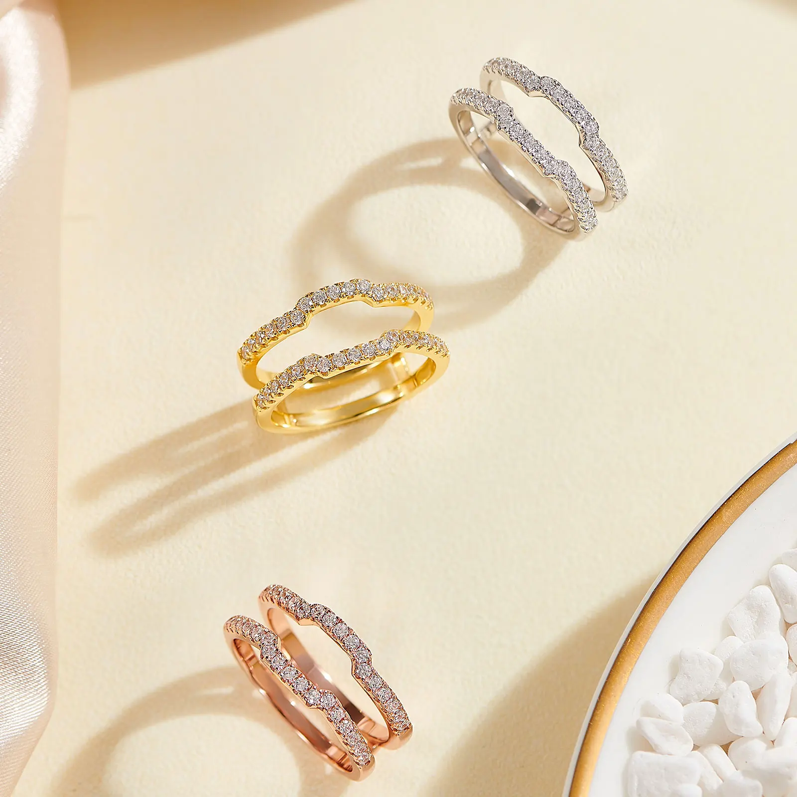 Newshe K Gold Color 925 Silver Jewelry Wedding Rings Enhancers for Women Square Hollow Guard Band AAAAA CZ Anniversary Gift
