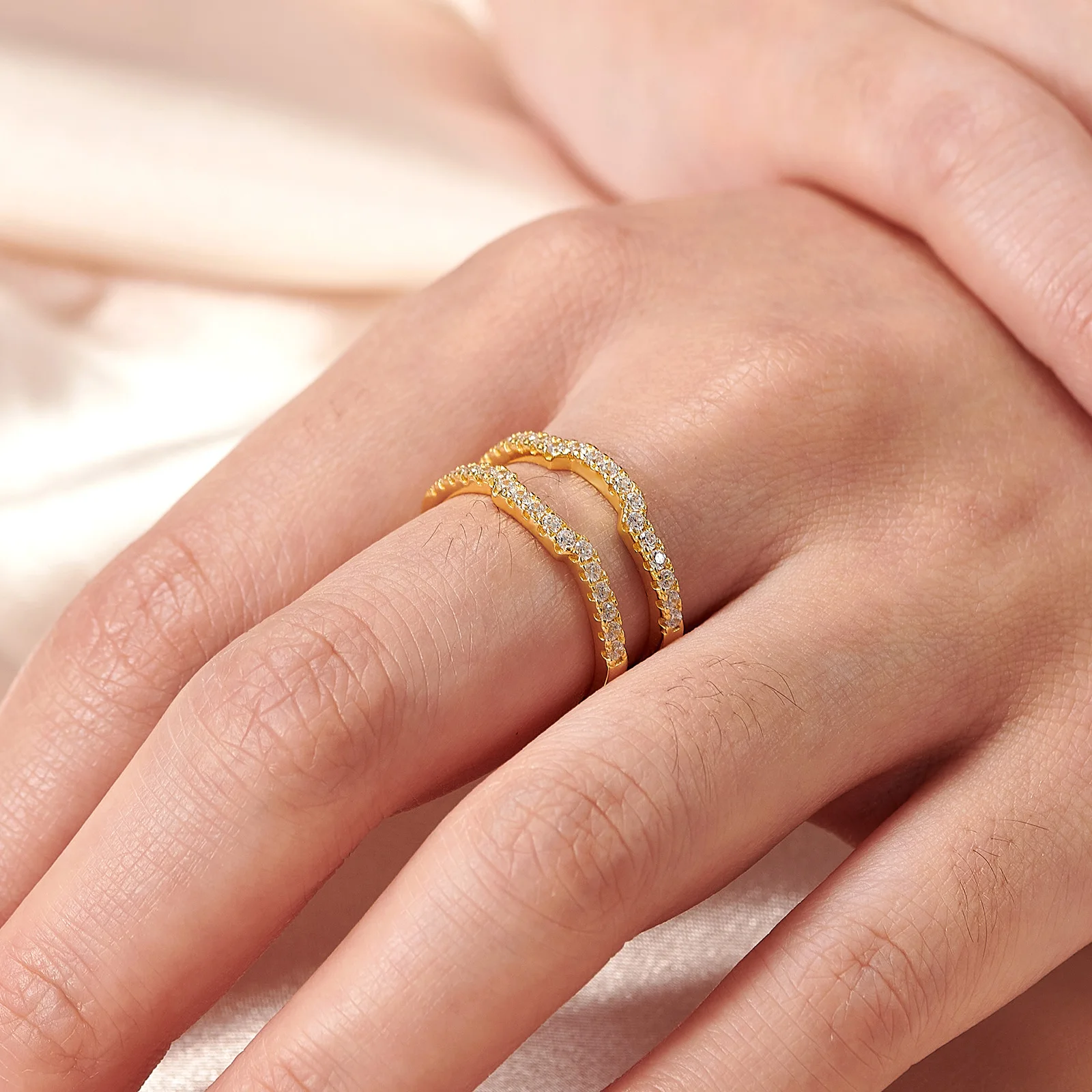 Newshe K Gold Color 925 Silver Jewelry Wedding Rings Enhancers for Women Square Hollow Guard Band AAAAA CZ Anniversary Gift