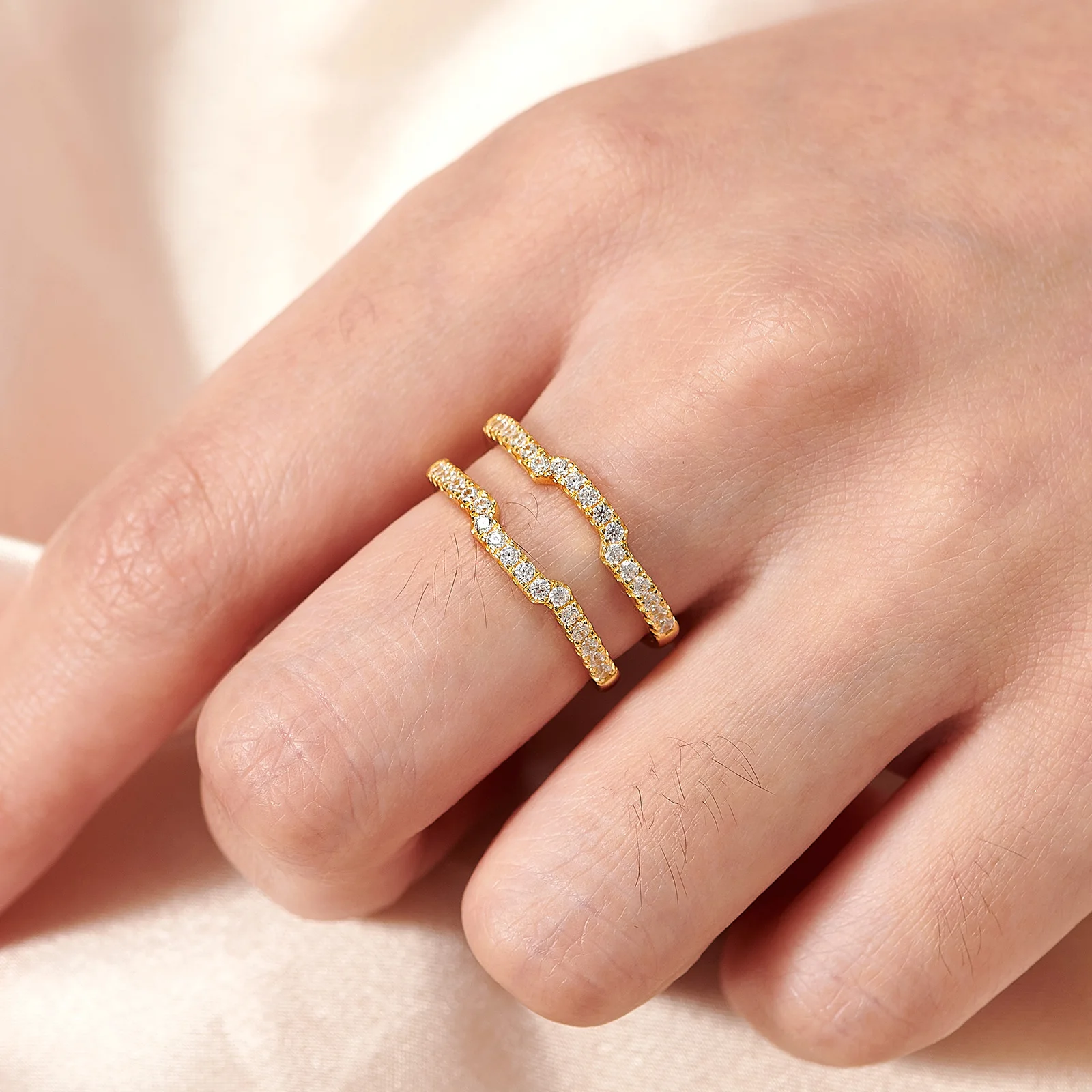 Newshe K Gold Color 925 Silver Jewelry Wedding Rings Enhancers for Women Square Hollow Guard Band AAAAA CZ Anniversary Gift