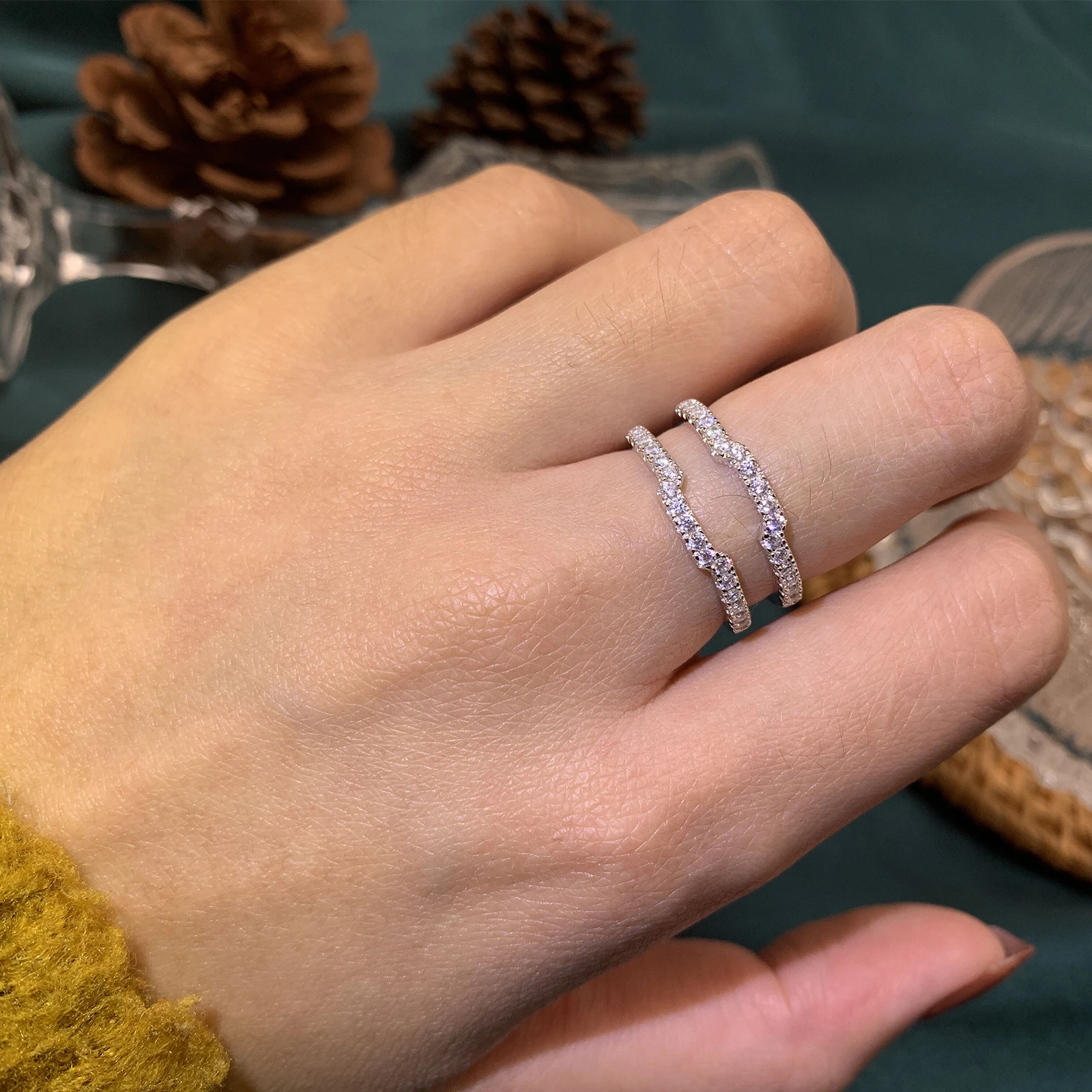 Newshe K Gold Color 925 Silver Jewelry Wedding Rings Enhancers for Women Square Hollow Guard Band AAAAA CZ Anniversary Gift
