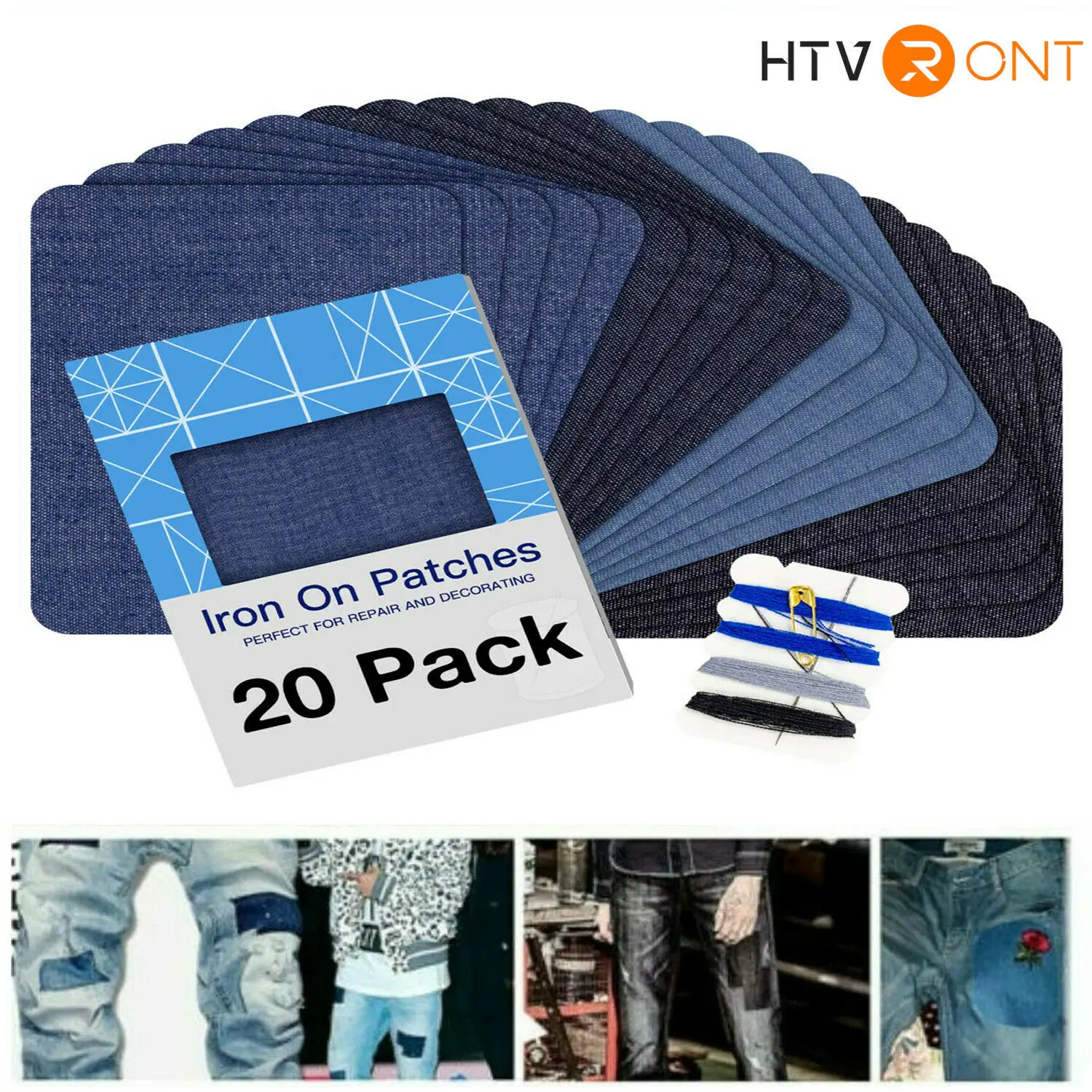 20pcs Jeans Denim Patches Iron On Elbow Knee Patches DIY Repair Kits For Clothing Pants Apparel Embroidered Sewing Fabric
