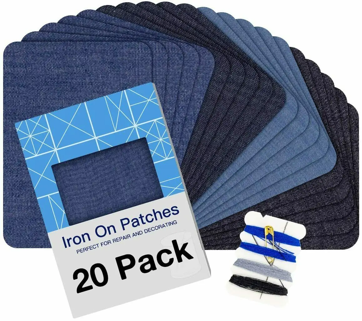 20pcs Jeans Denim Patches Iron On Elbow Knee Patches DIY Repair Kits For Clothing Pants Apparel Embroidered Sewing Fabric